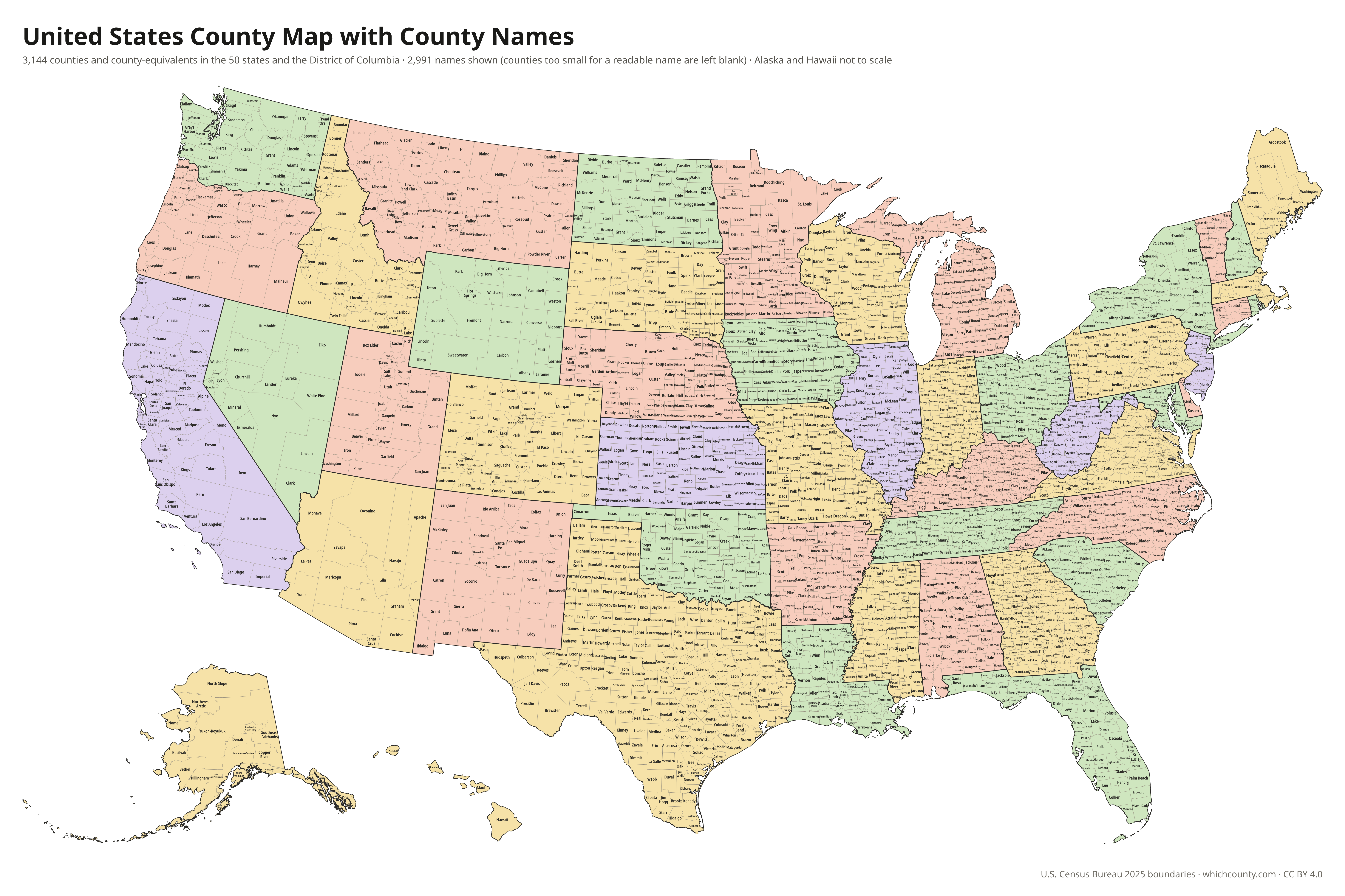 United States county map with county names, states in different colors