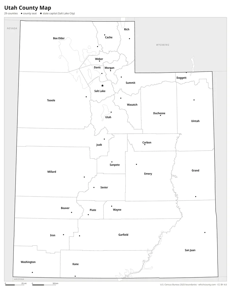 Black and white Utah county map