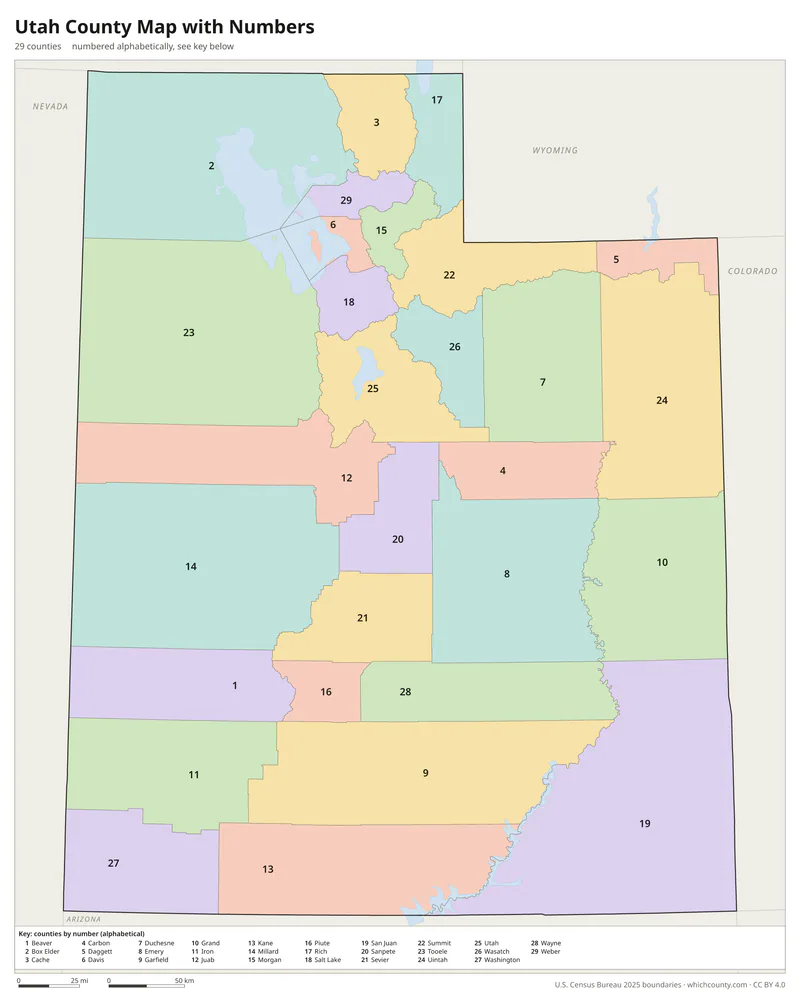 Utah county map with numbers