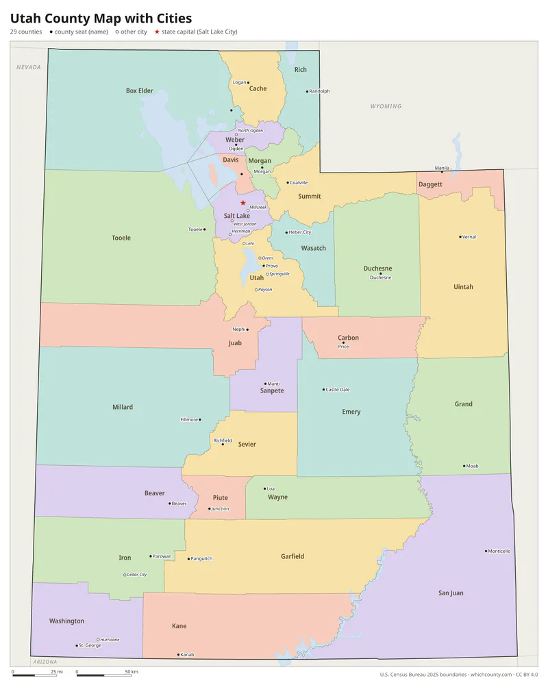Utah county map with cities and county seats