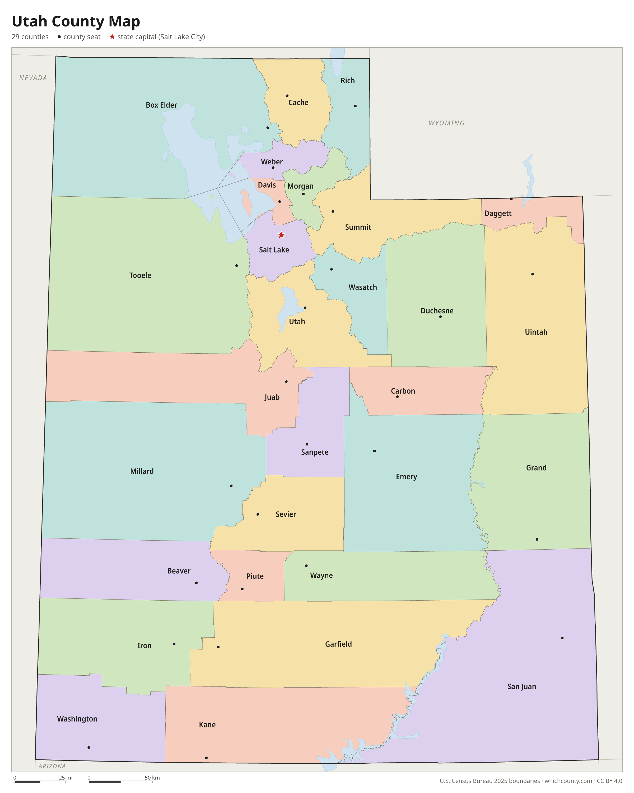 Utah county map showing all 29 counties with county names and county seats