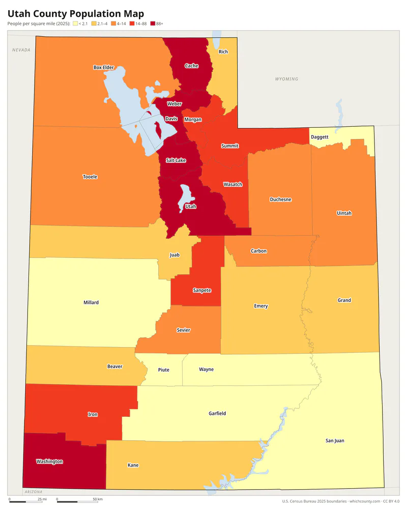 Map of Utah counties shaded by population density