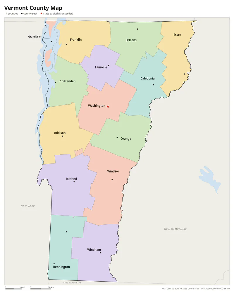 Vermont county map with all 14 counties labeled