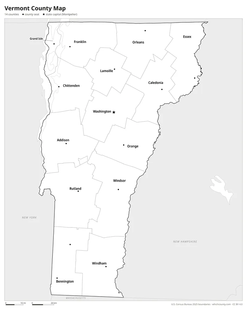 Black and white Vermont county map