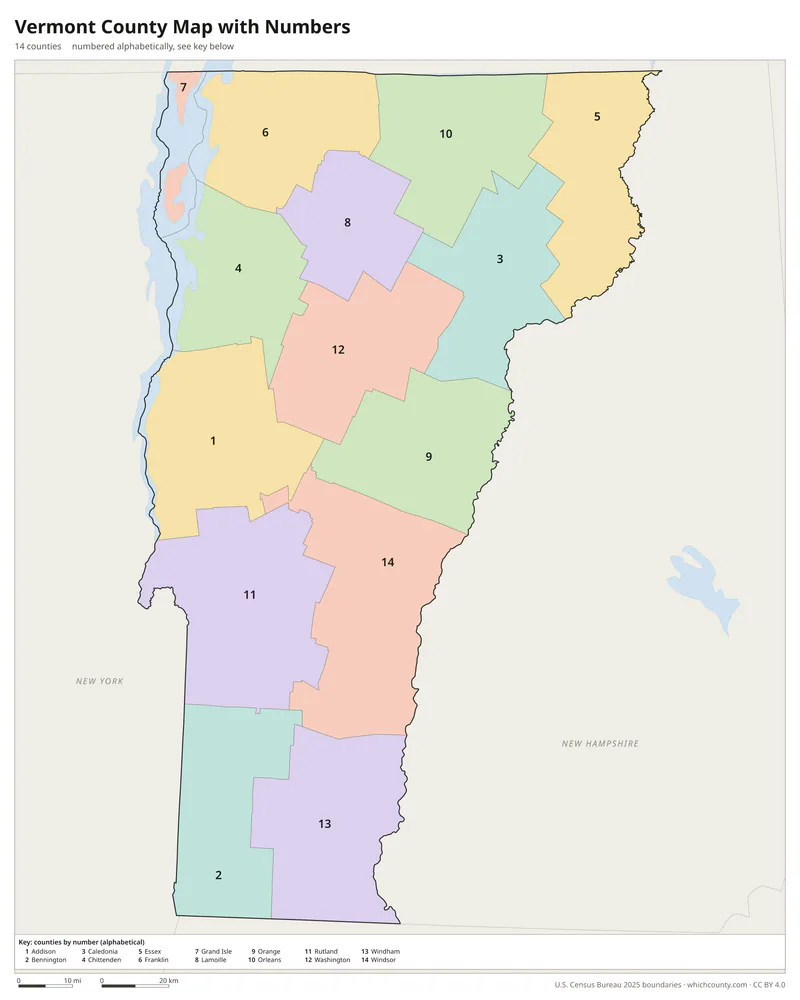 Vermont county map with numbers