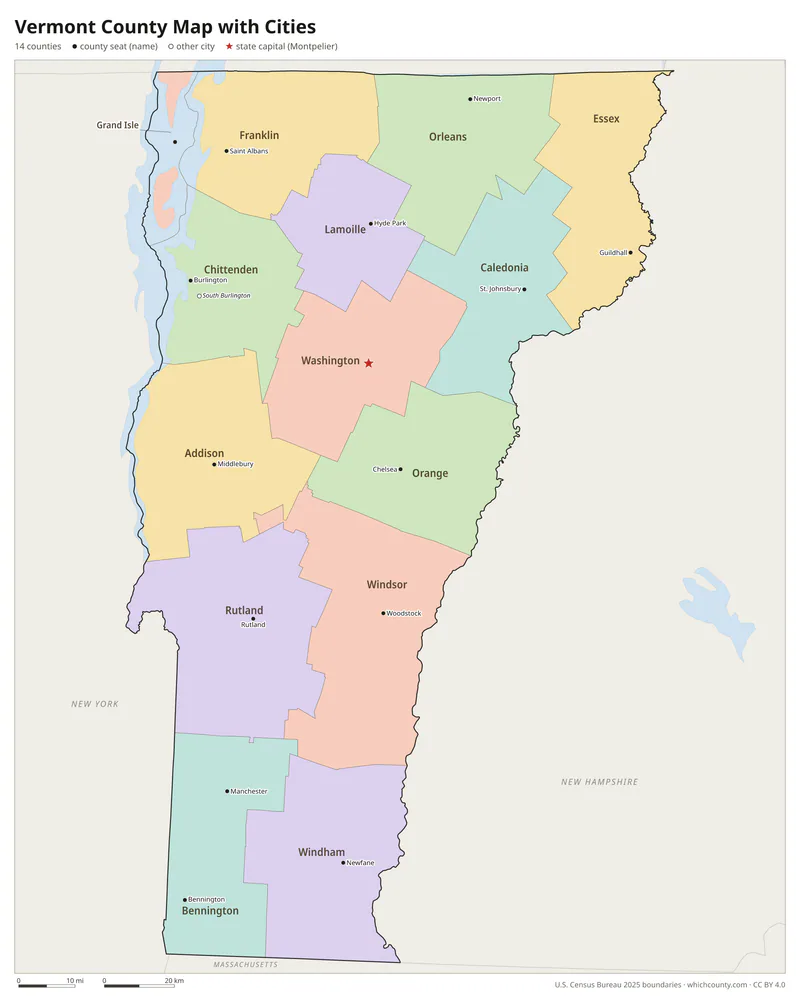 Vermont county map with cities and county seats