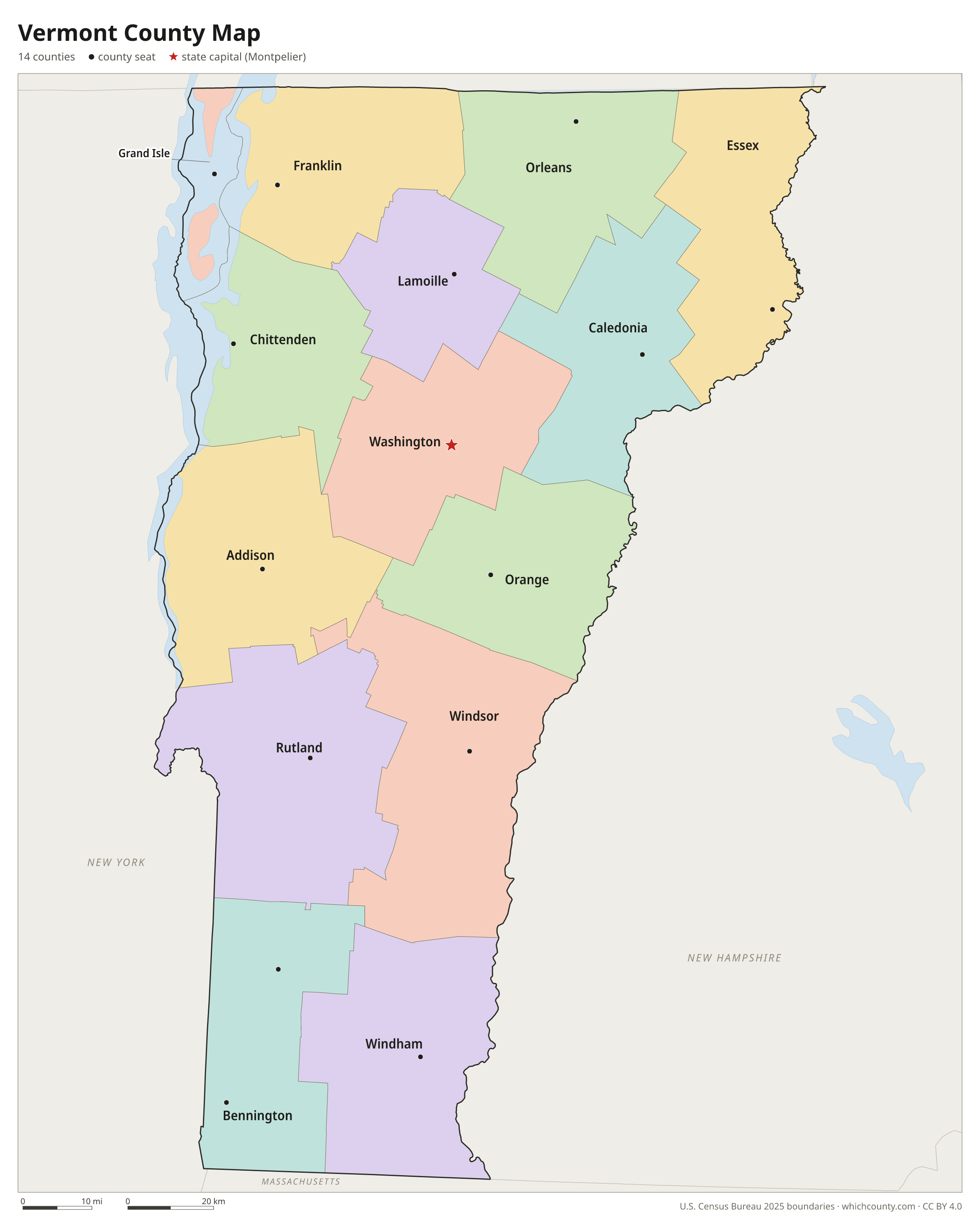 Vermont county map showing all 14 counties with county names and county seats