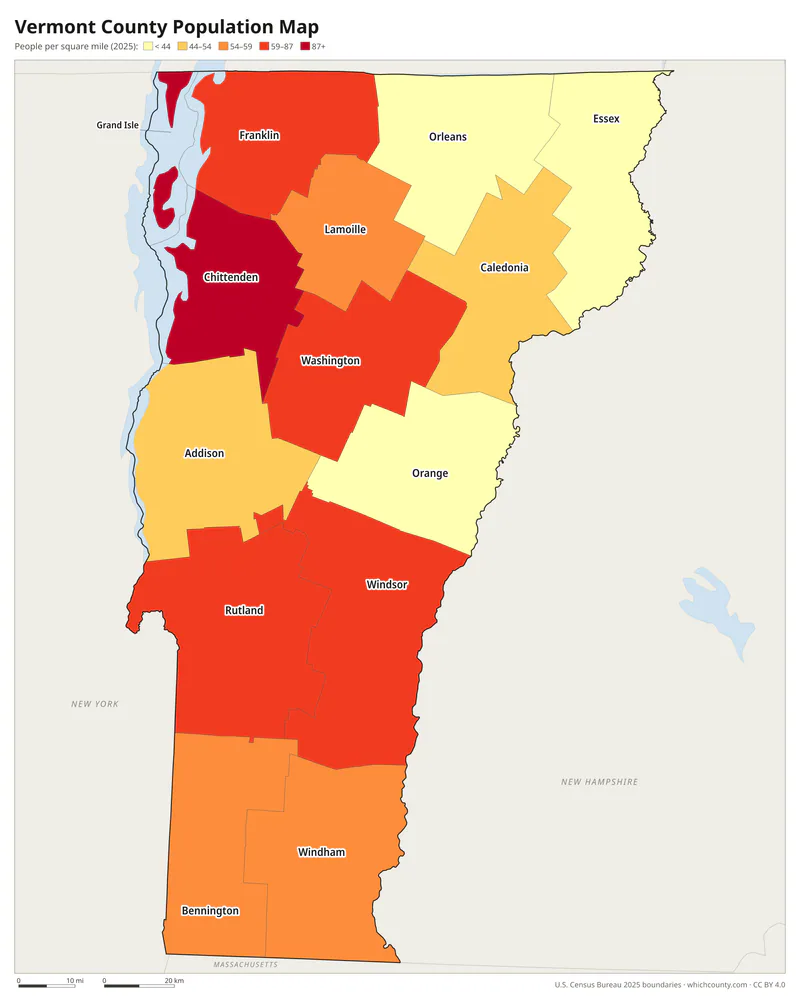 Map of Vermont counties shaded by population density
