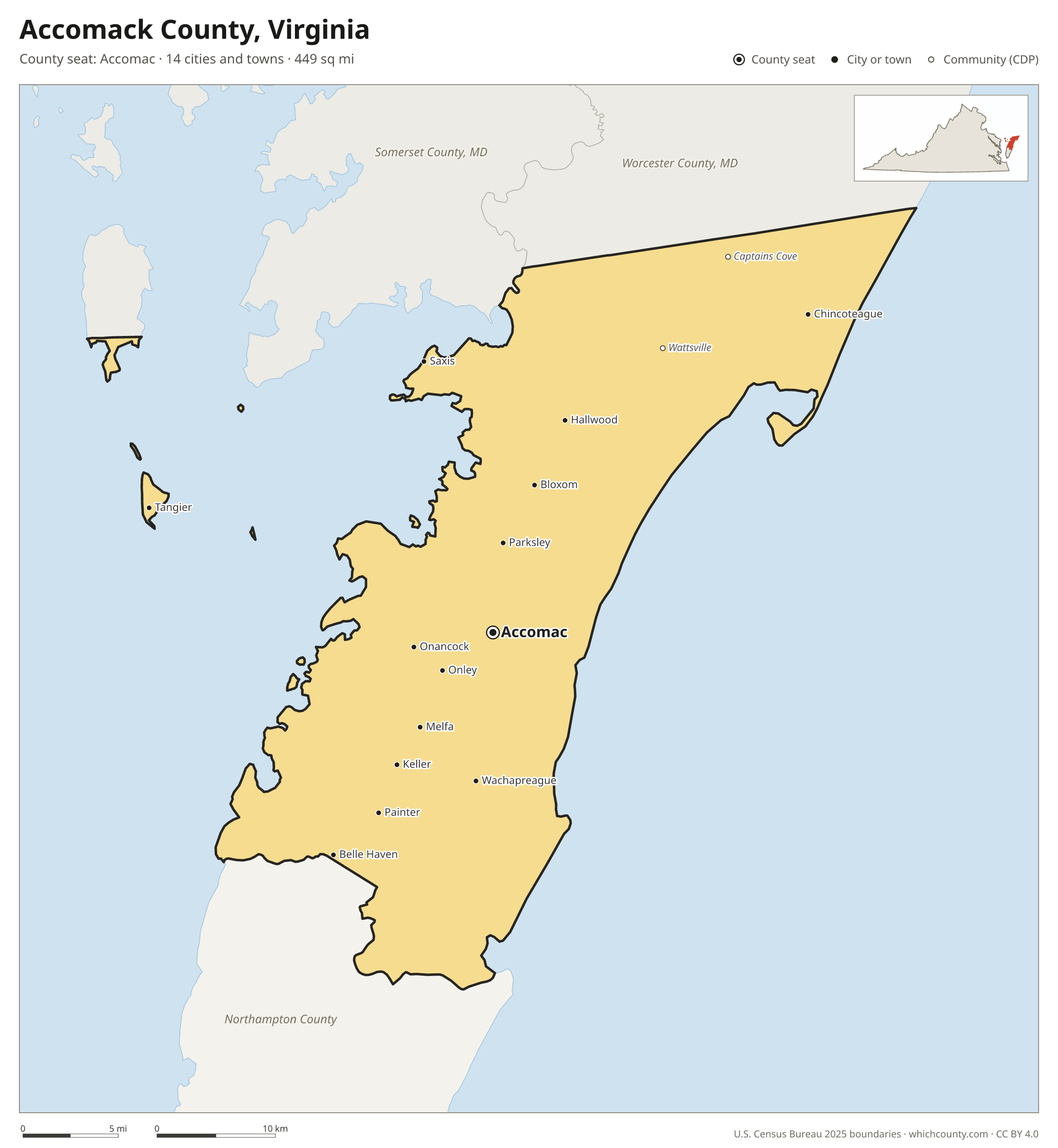 Map of Accomack County, Virginia with cities, towns and the county boundary
