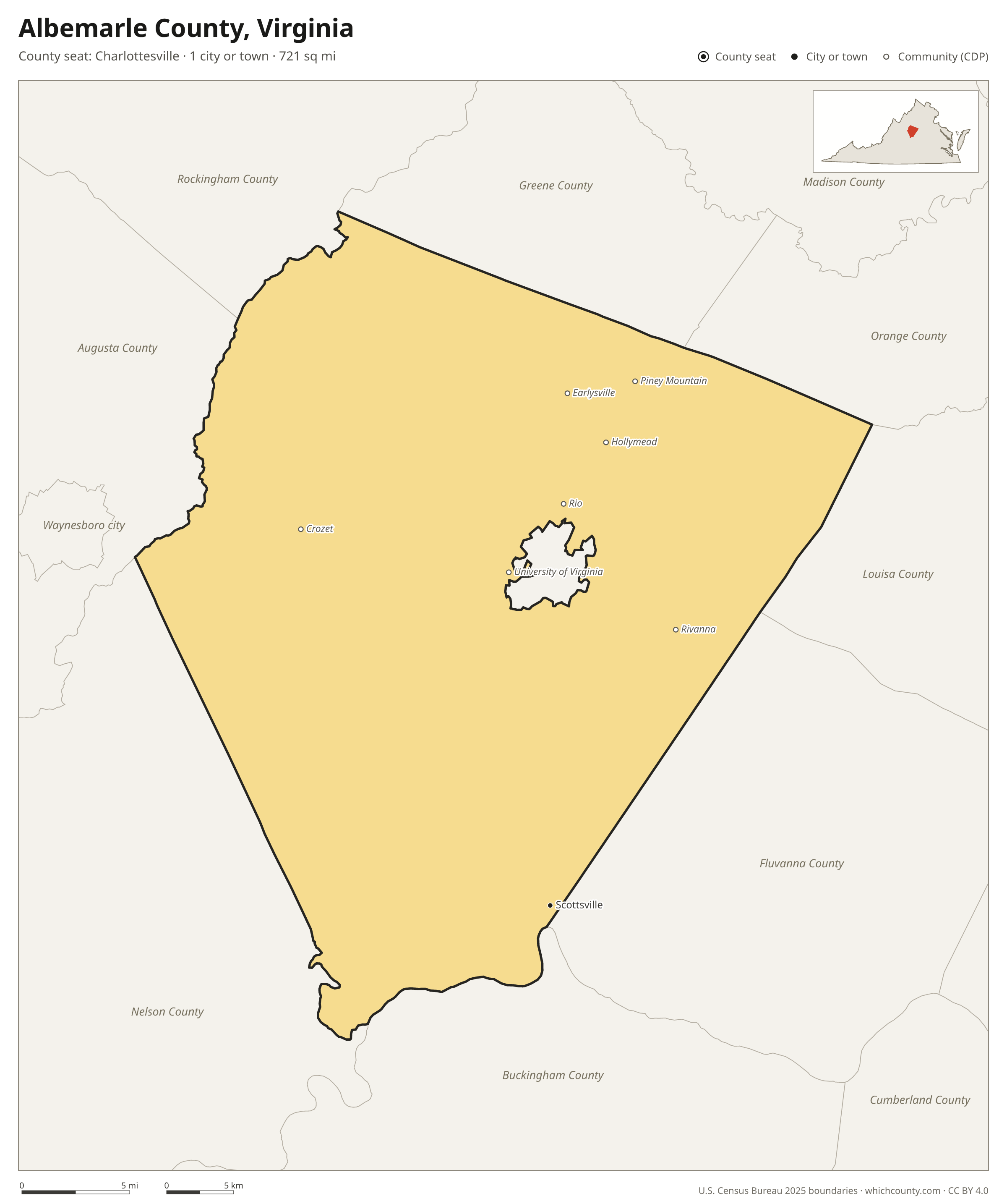Map of Albemarle County, Virginia with cities, towns and the county boundary