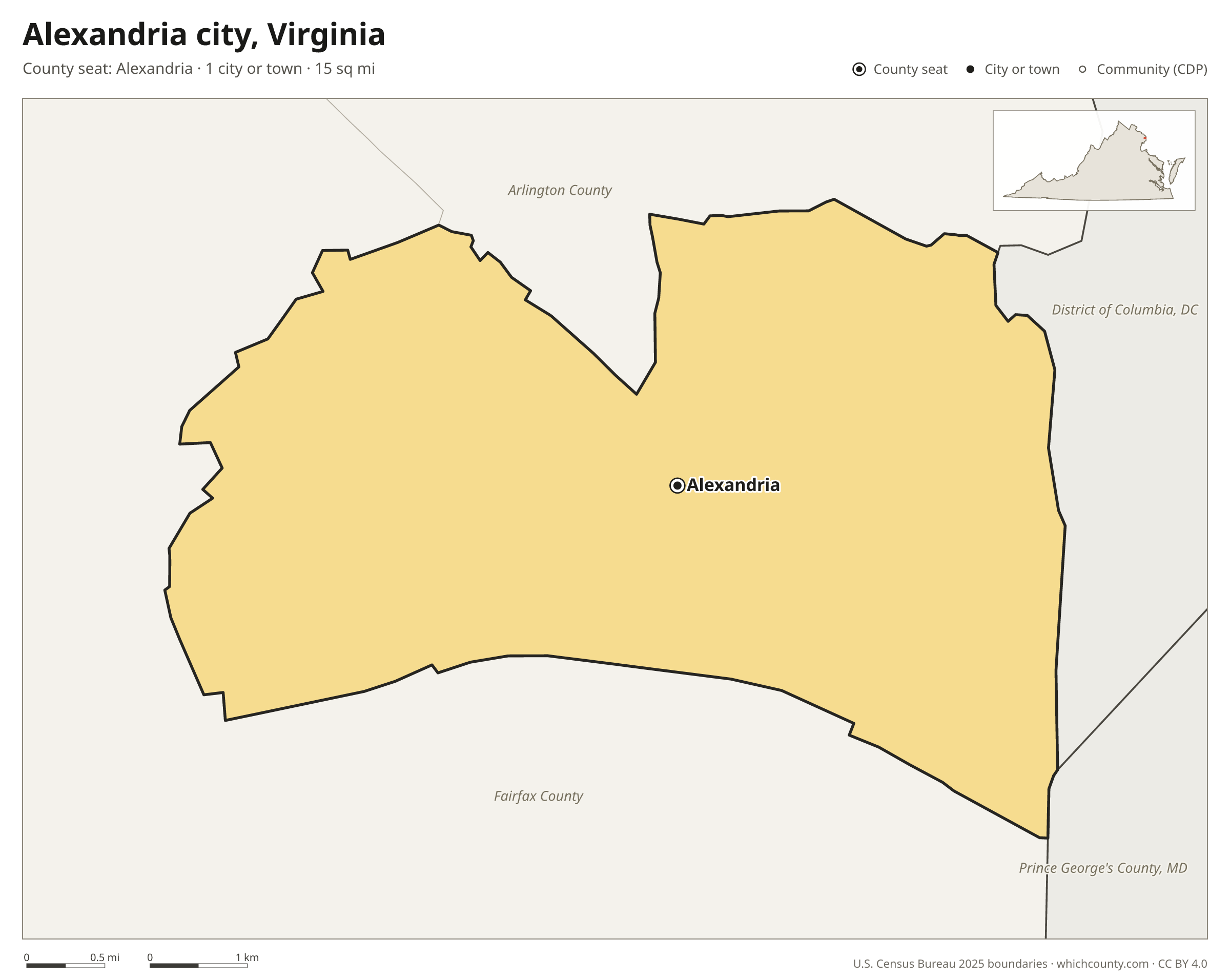 Map of Alexandria city, Virginia with cities, towns and the county boundary