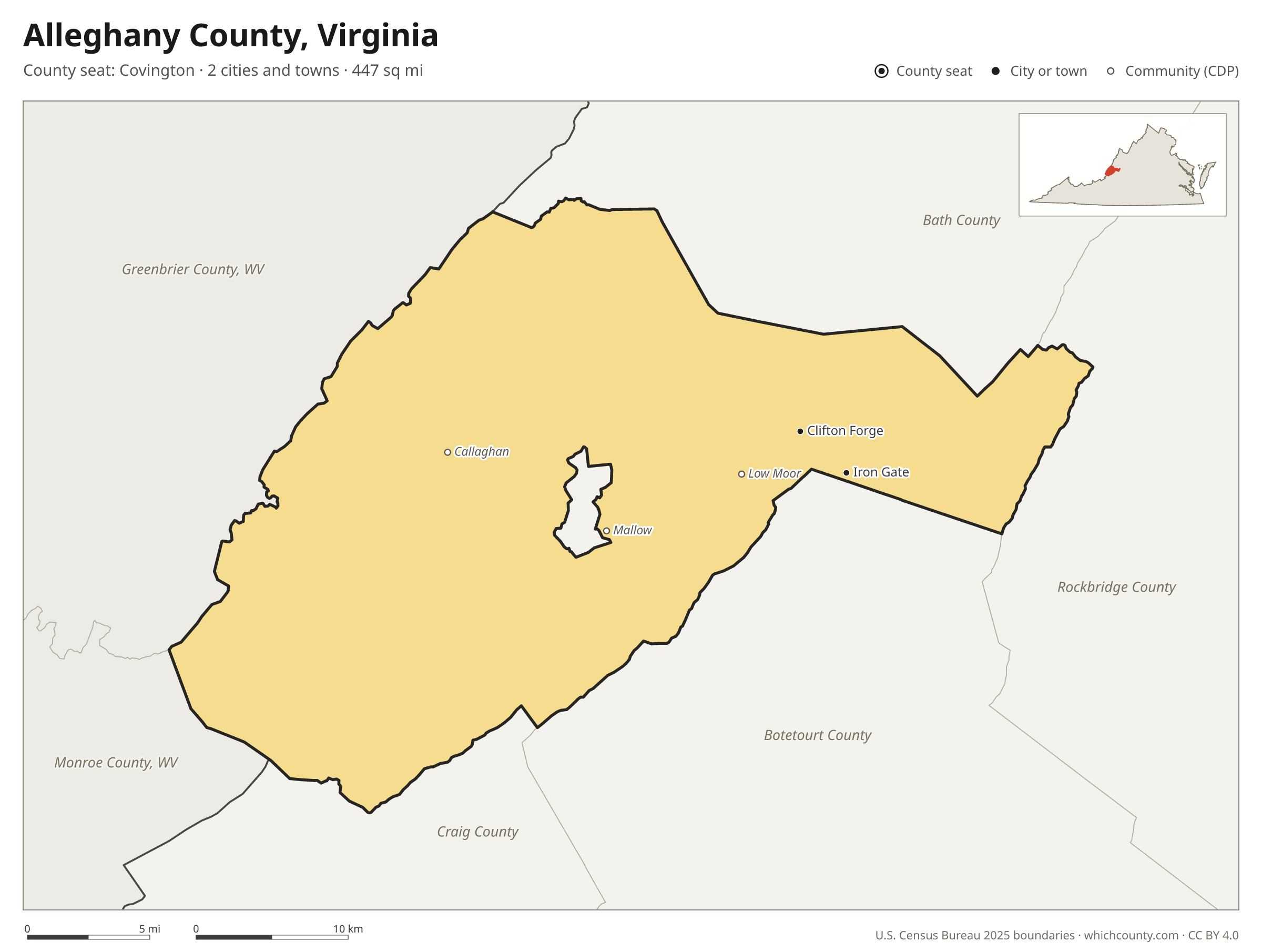 Map of Alleghany County, Virginia with cities, towns and the county boundary