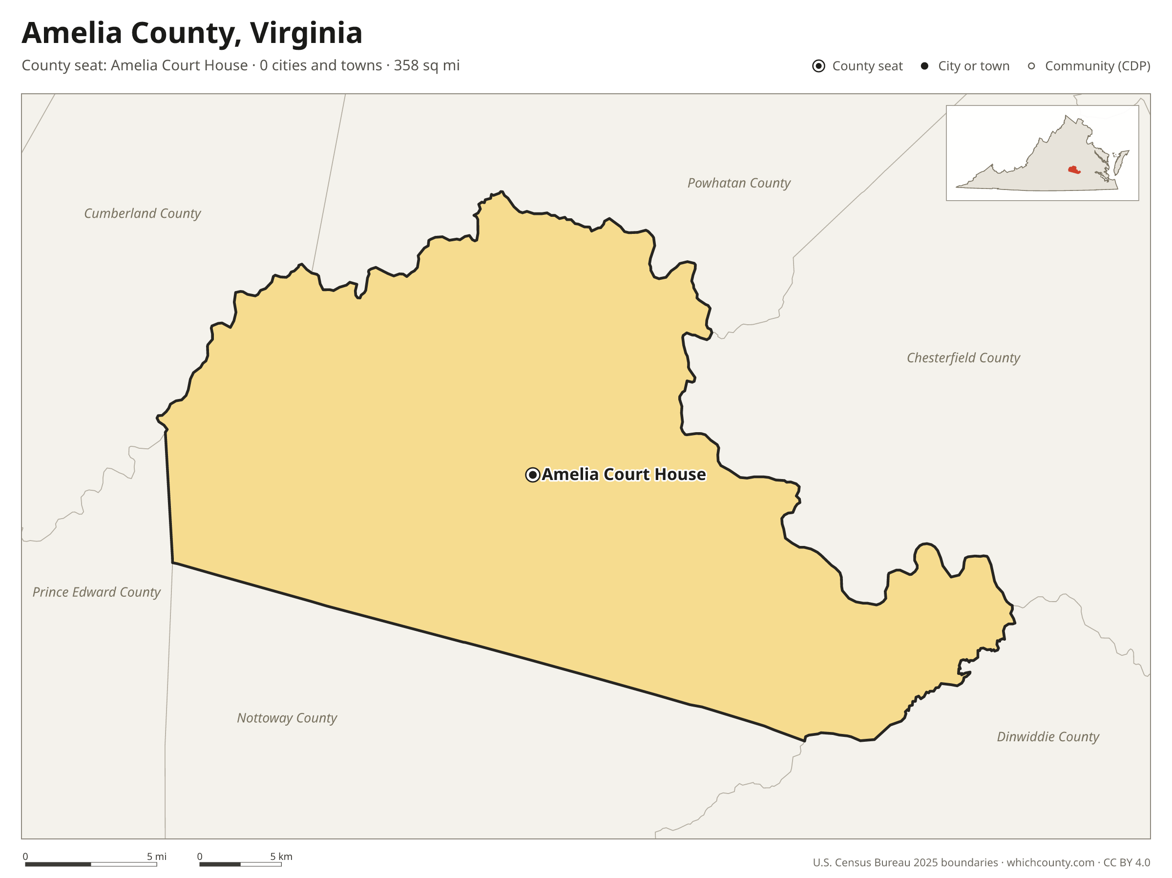 Map of Amelia County, Virginia with cities, towns and the county boundary