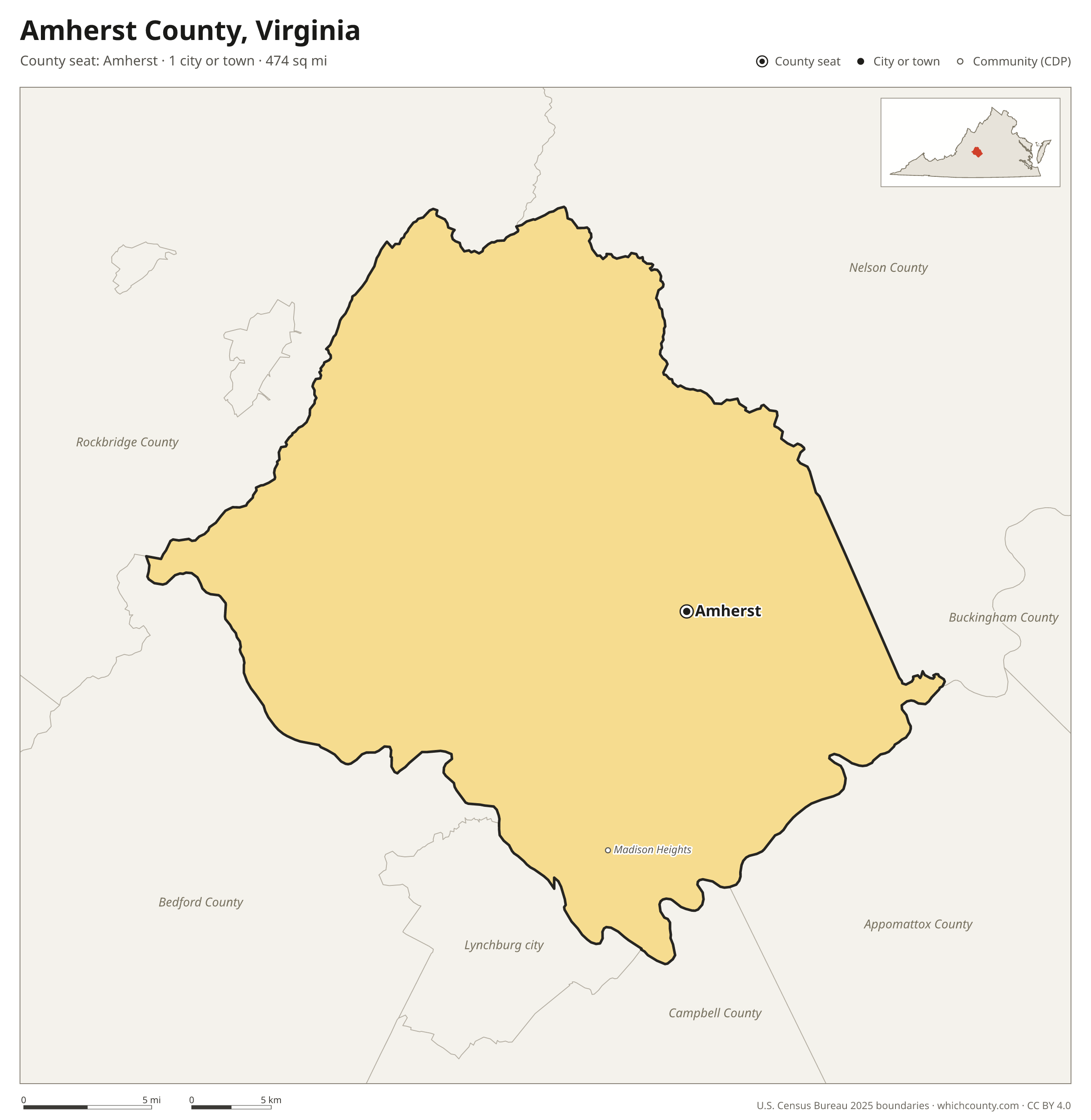 Map of Amherst County, Virginia with cities, towns and the county boundary