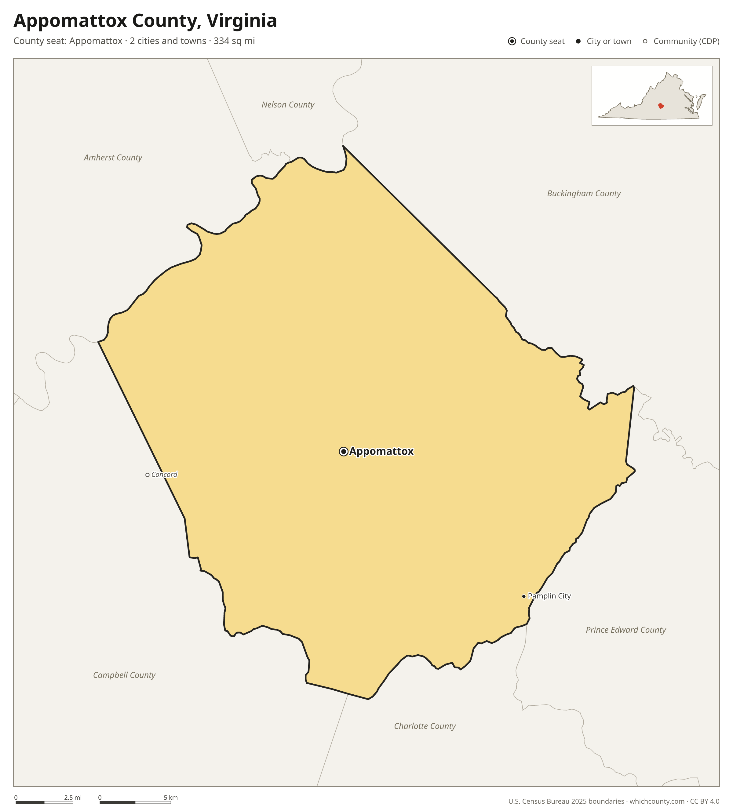 Map of Appomattox County, Virginia with cities, towns and the county boundary
