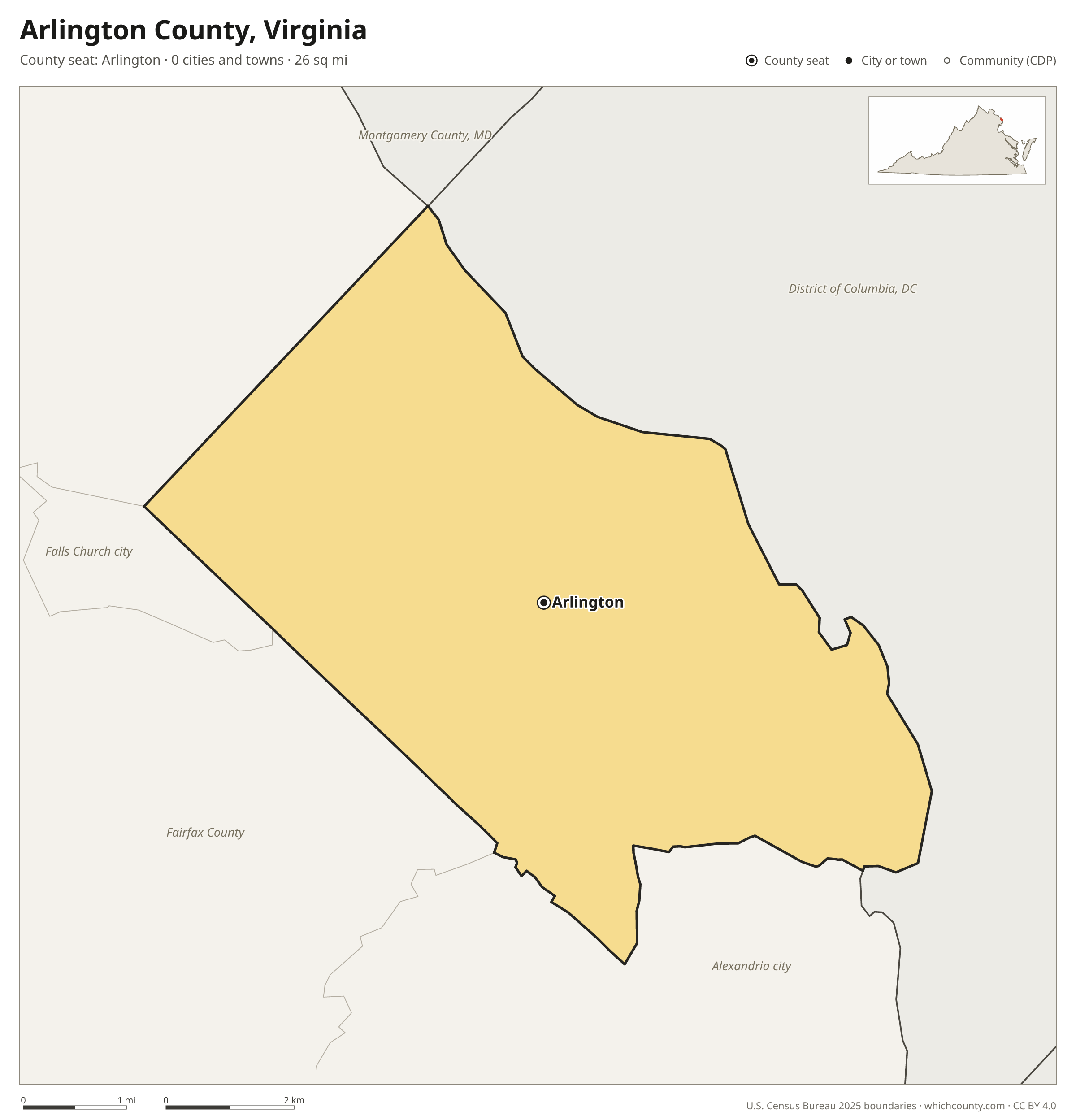 Map of Arlington County, Virginia with cities, towns and the county boundary