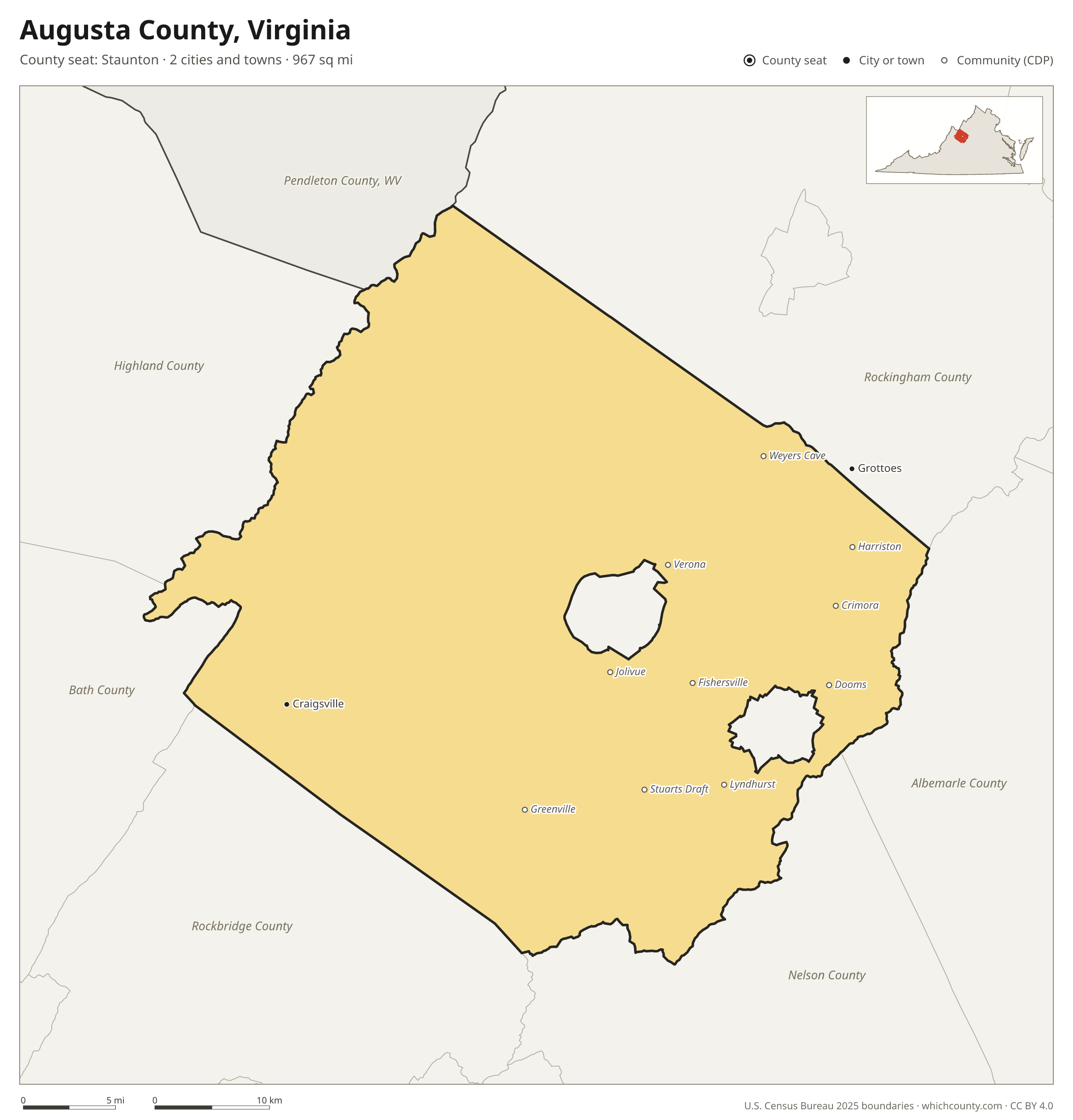 Map of Augusta County, Virginia with cities, towns and the county boundary
