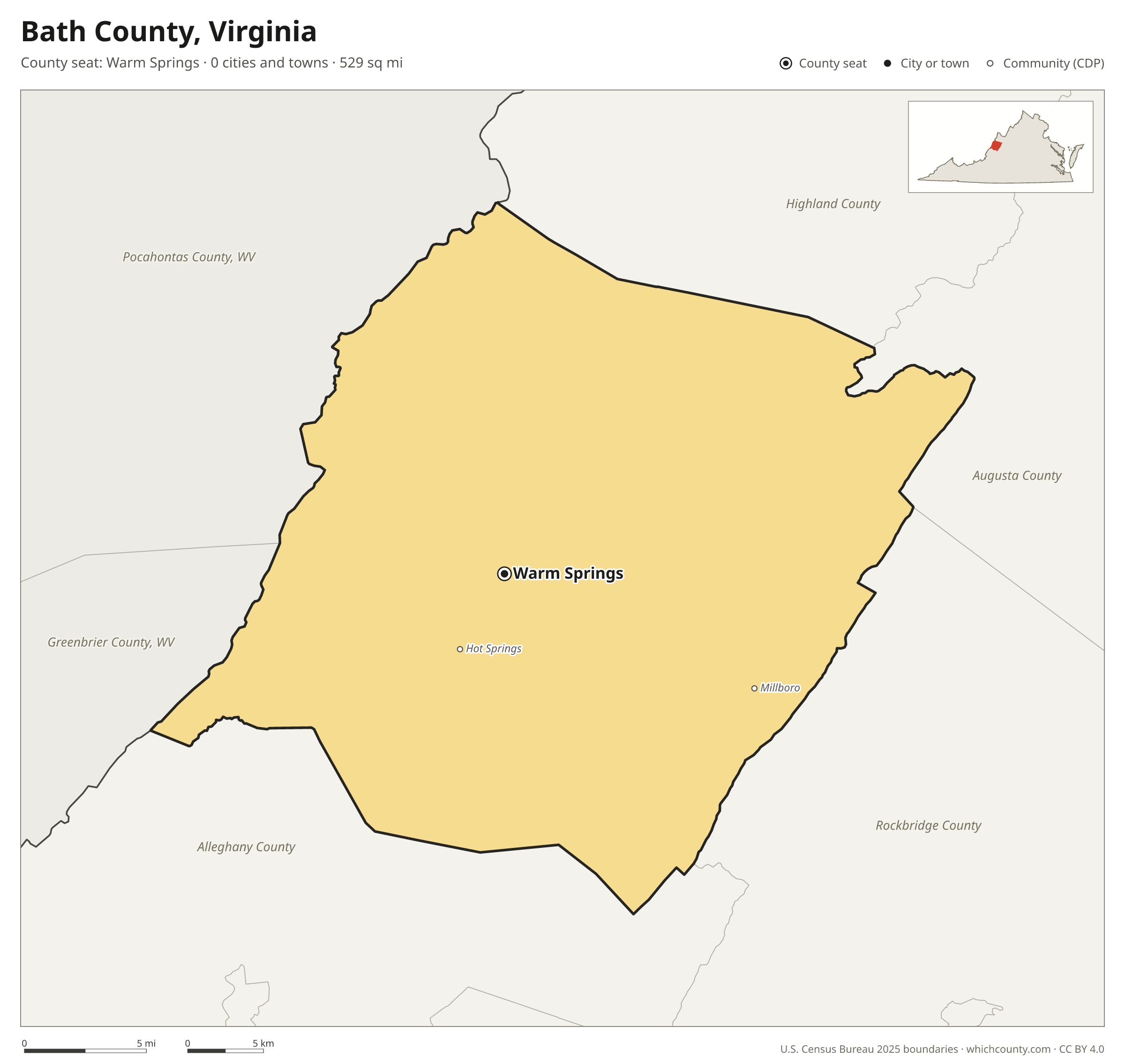Map of Bath County, Virginia with cities, towns and the county boundary