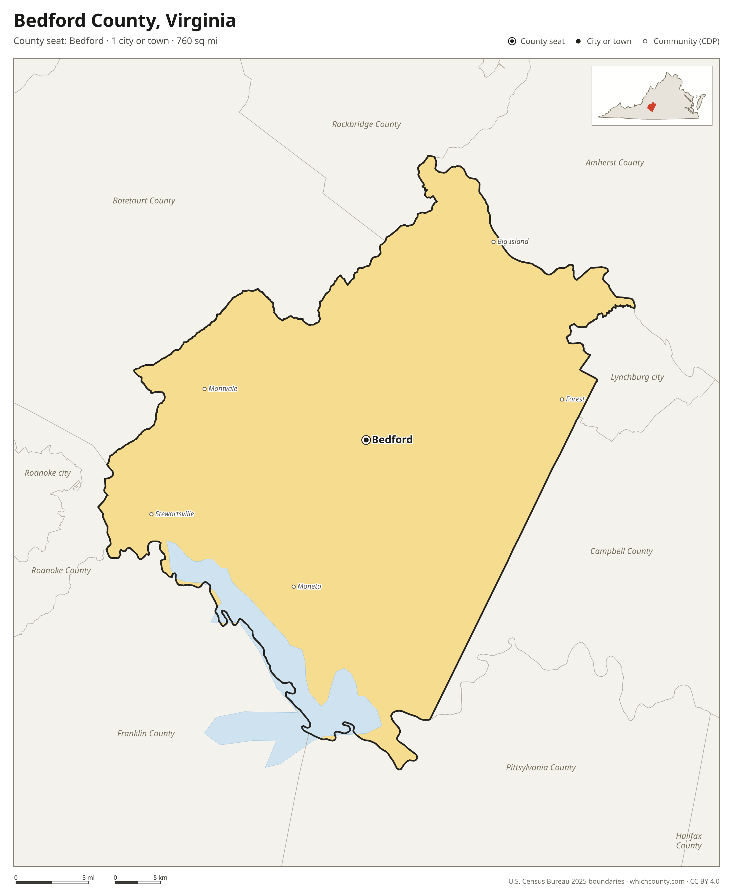 Map of Bedford County, Virginia with cities, towns and the county boundary