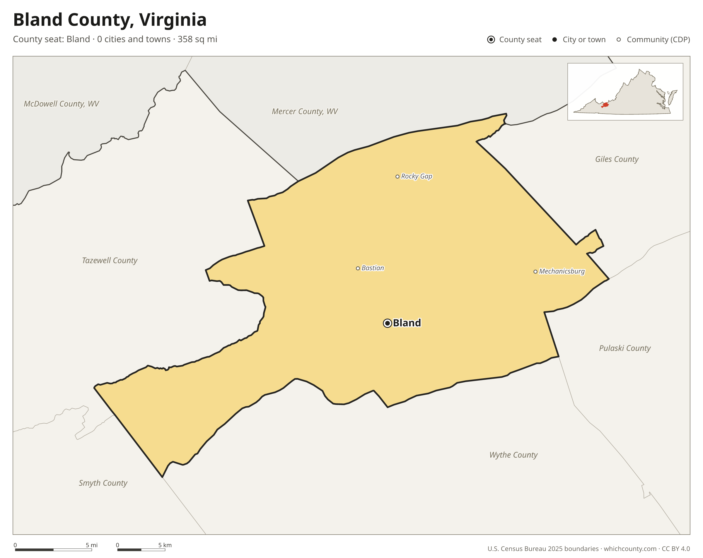 Map of Bland County, Virginia with cities, towns and the county boundary
