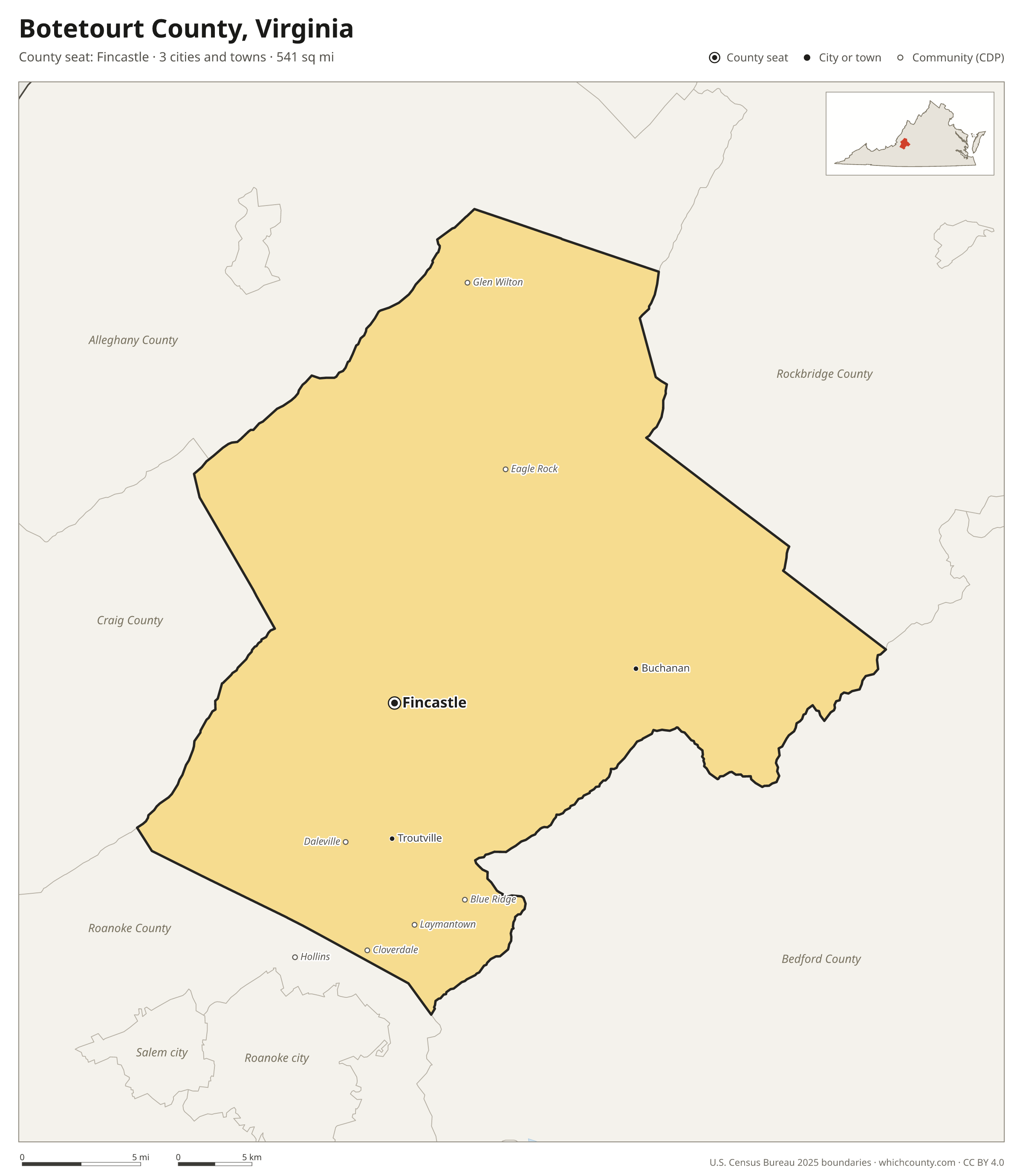 Map of Botetourt County, Virginia with cities, towns and the county boundary