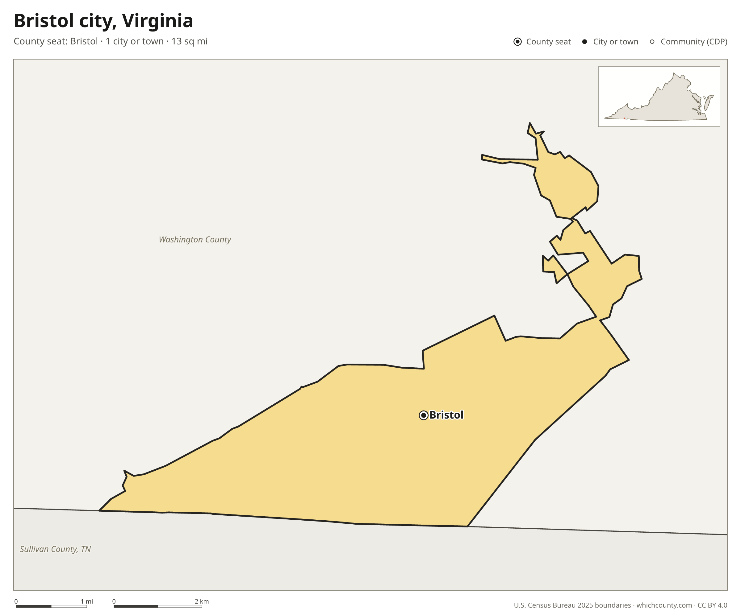 Map of Bristol city, Virginia with cities, towns and the county boundary