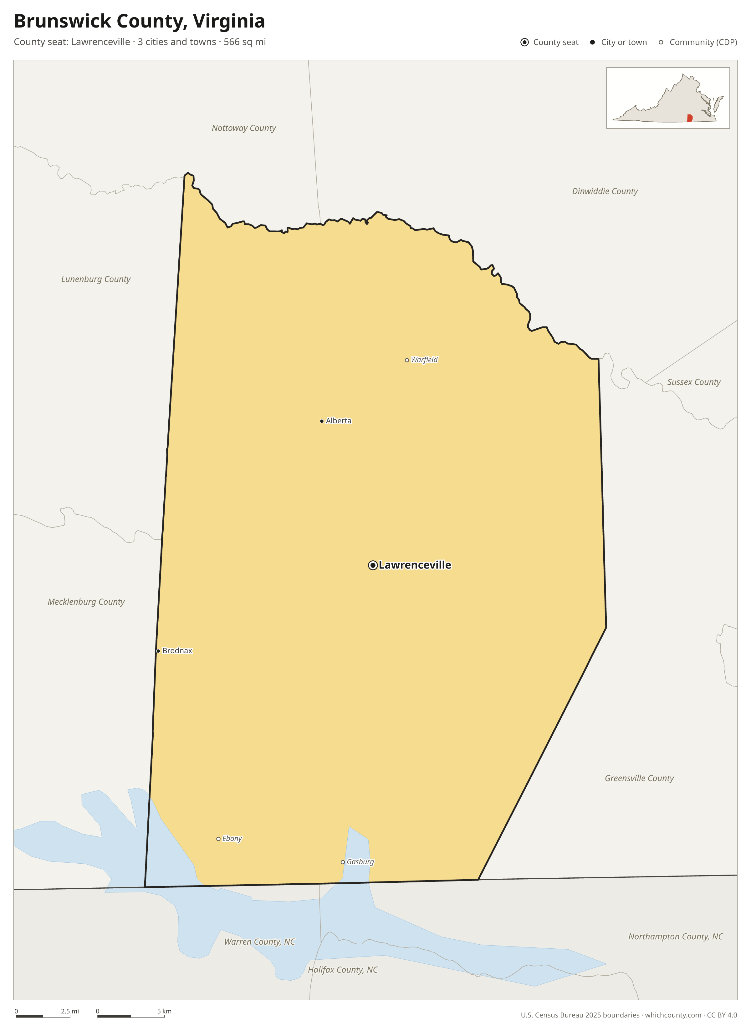 Map of Brunswick County, Virginia with cities, towns and the county boundary