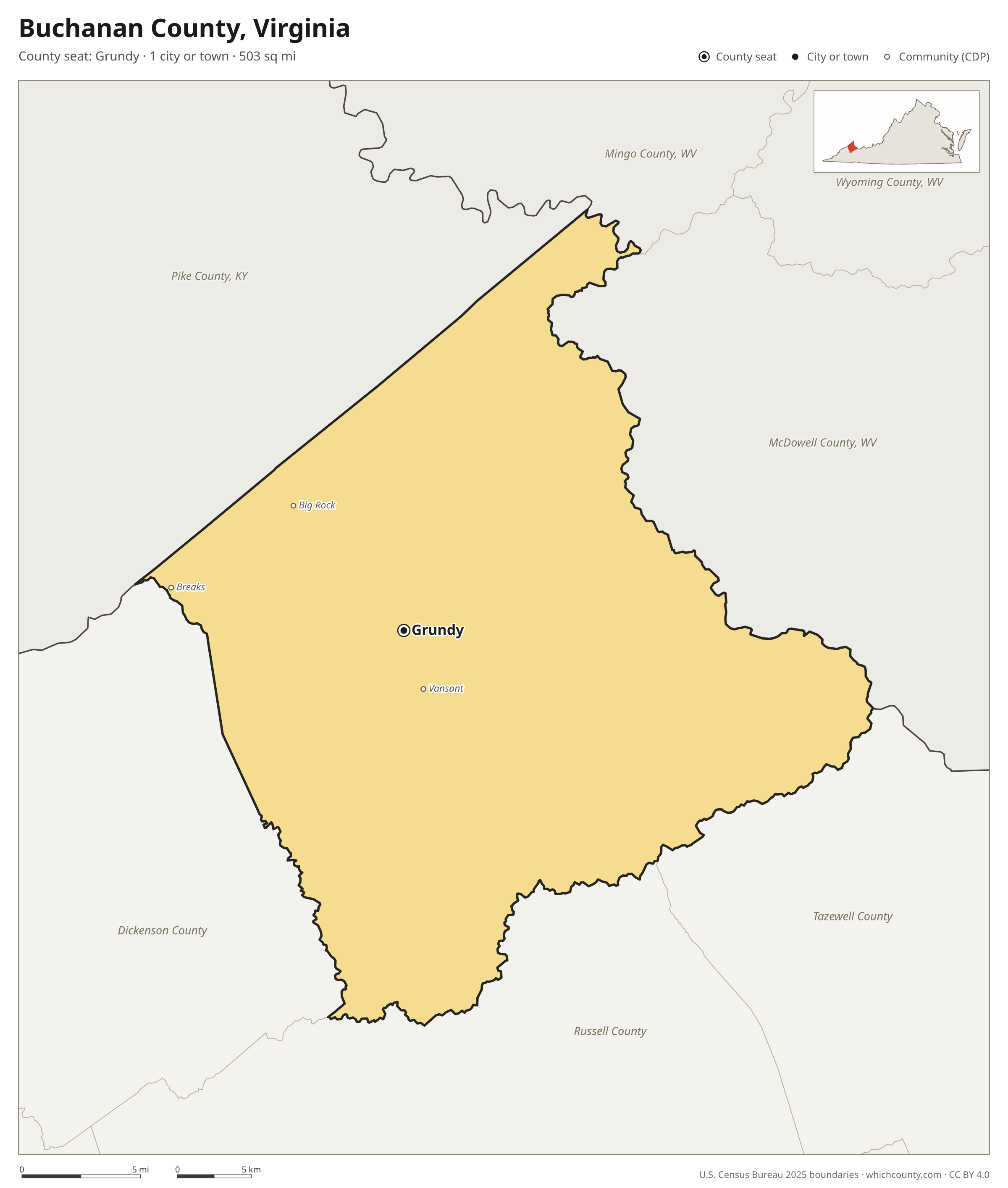 Map of Buchanan County, Virginia with cities, towns and the county boundary