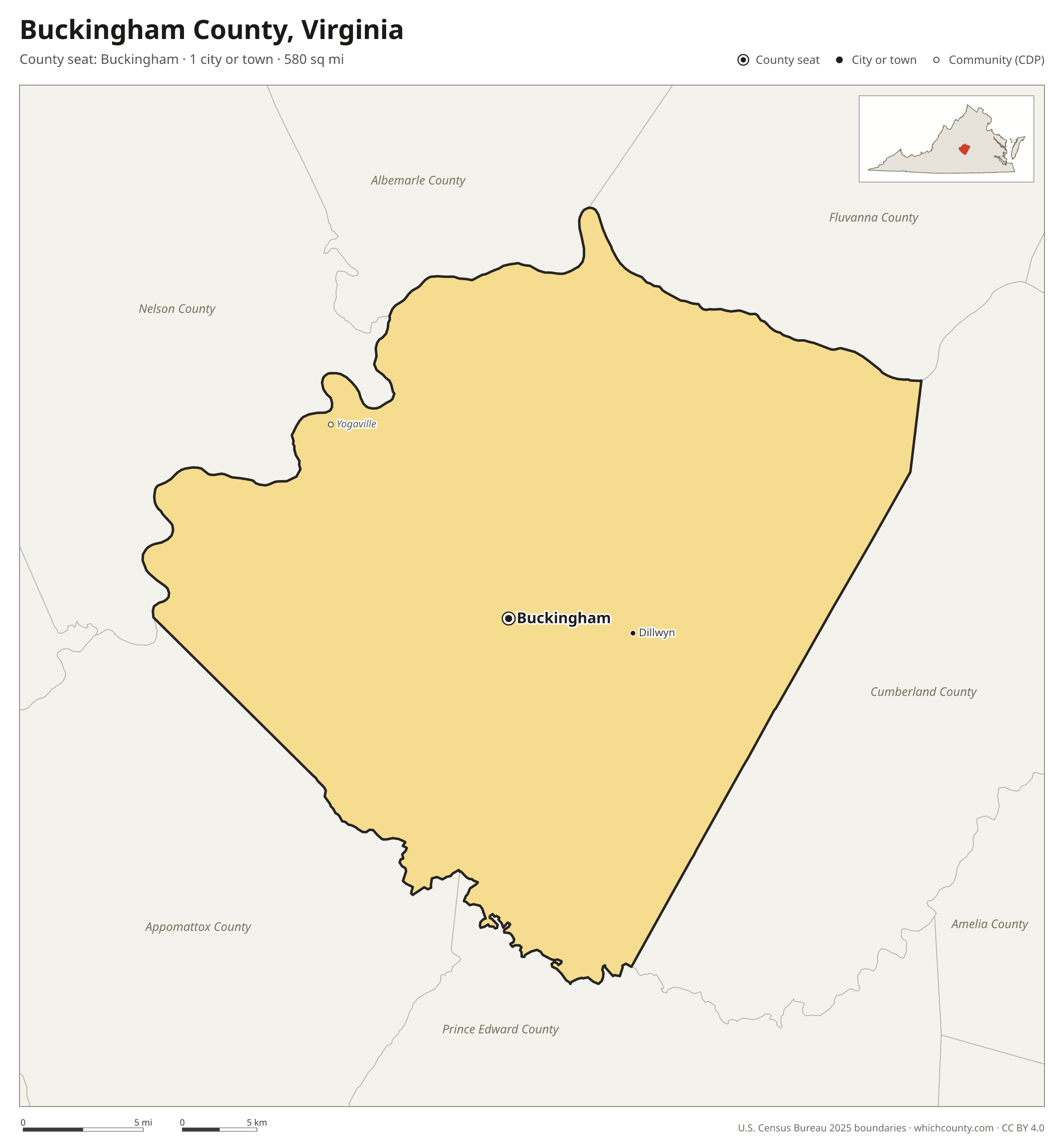 Map of Buckingham County, Virginia with cities, towns and the county boundary