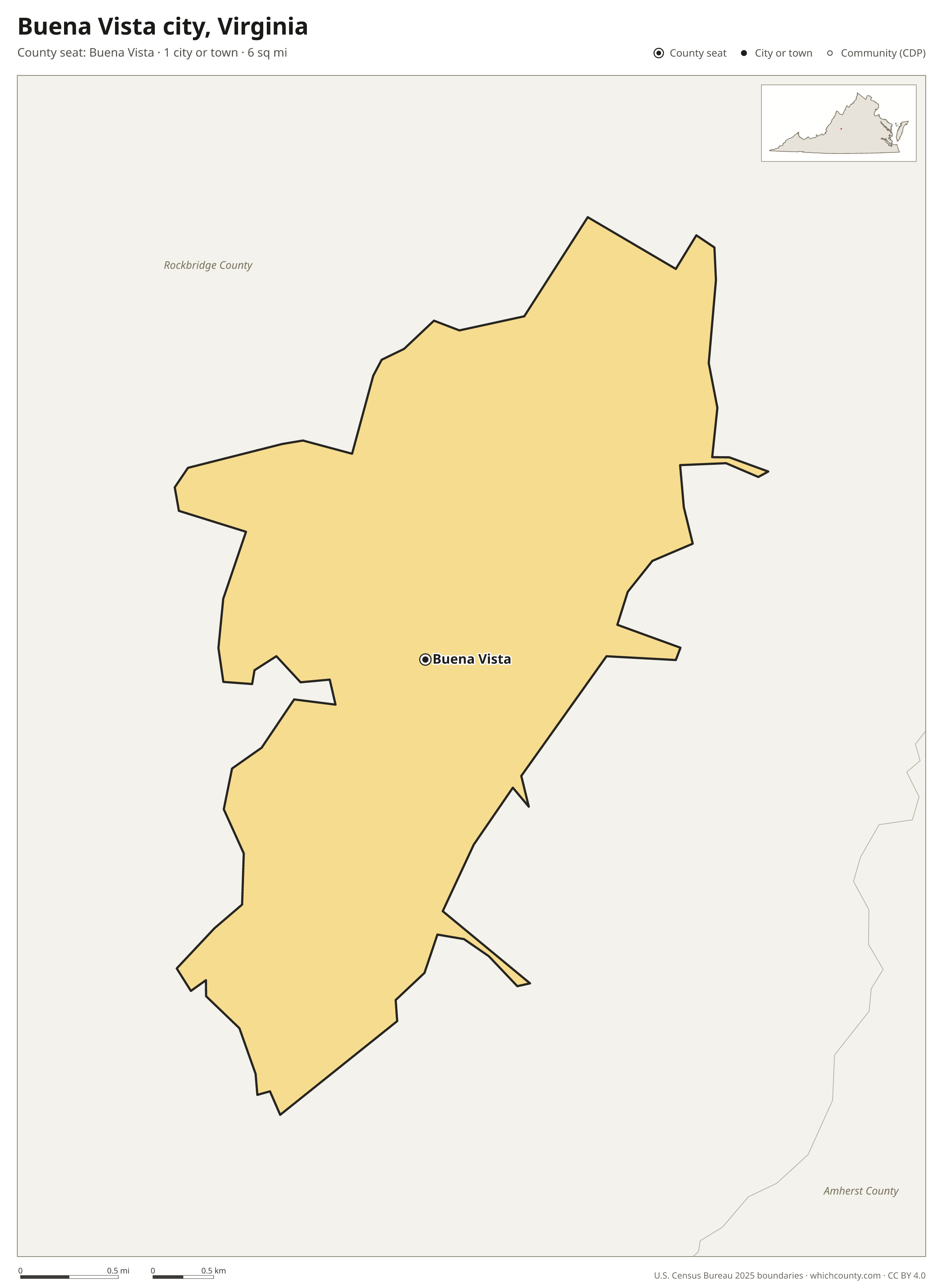 Map of Buena Vista city, Virginia with cities, towns and the county boundary