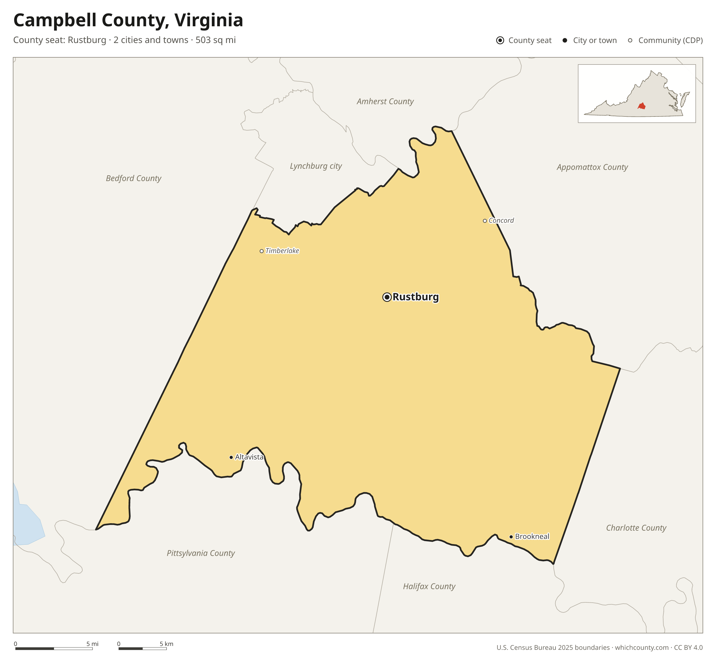 Map of Campbell County, Virginia with cities, towns and the county boundary