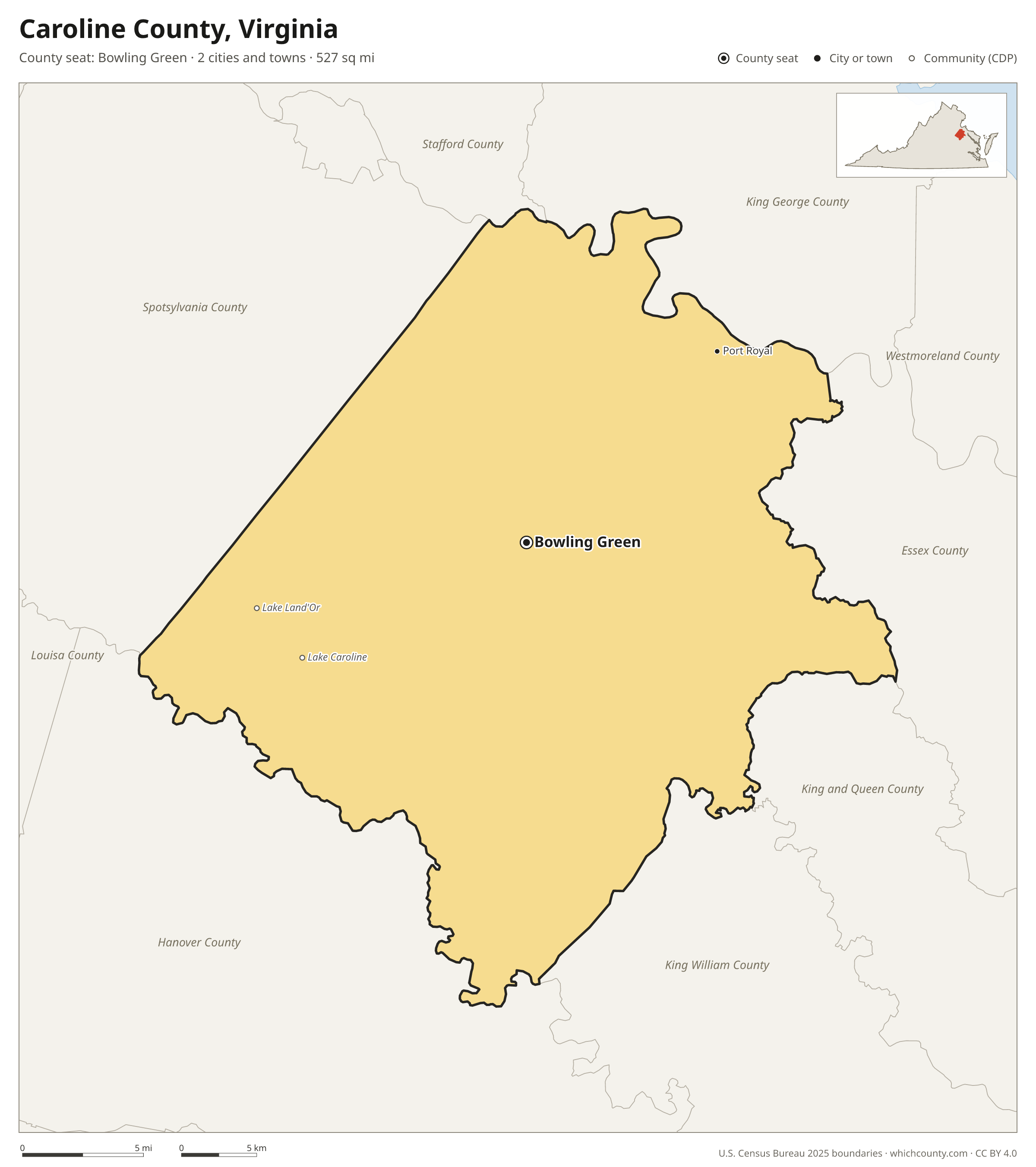 Map of Caroline County, Virginia with cities, towns and the county boundary