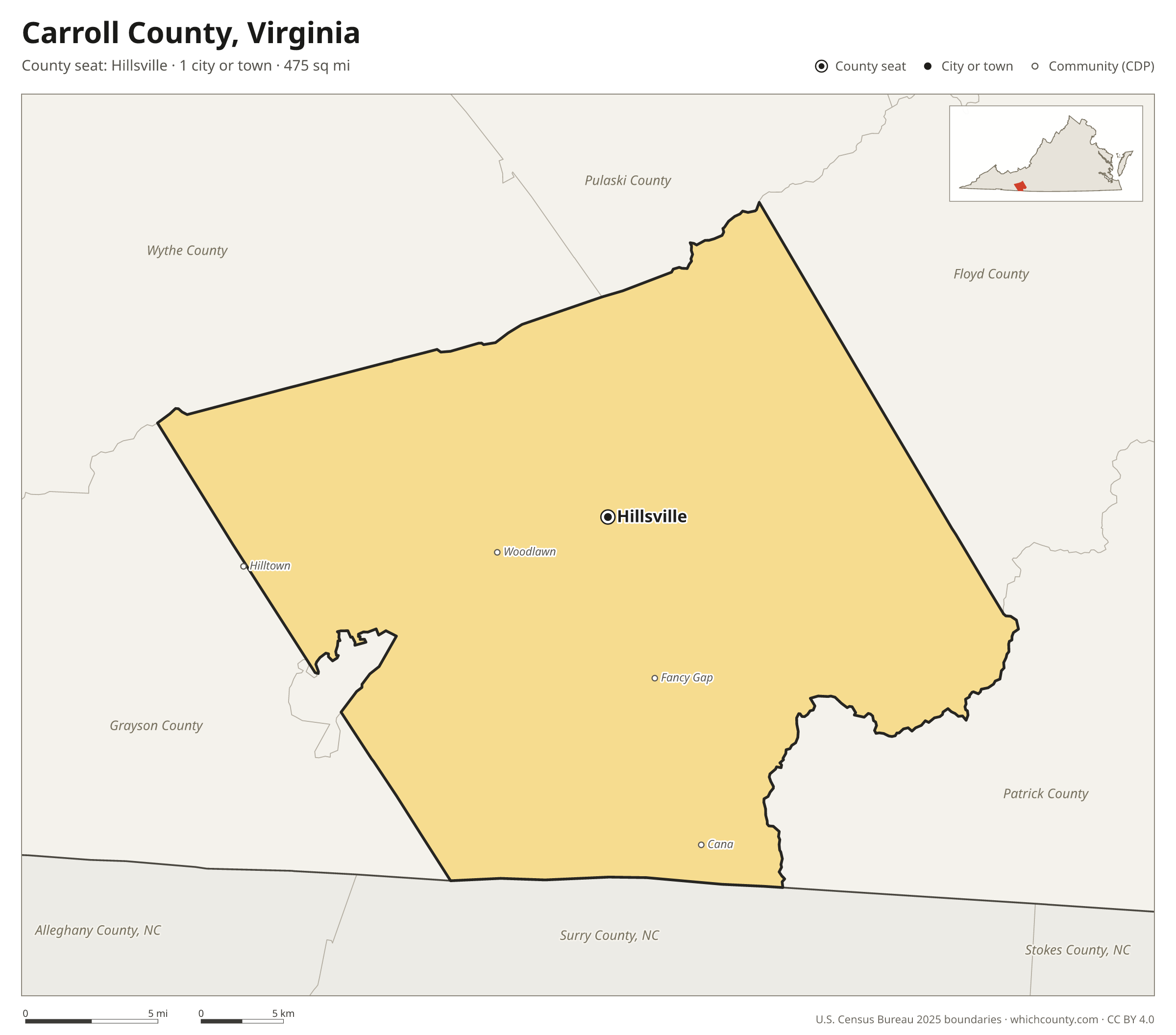 Map of Carroll County, Virginia with cities, towns and the county boundary