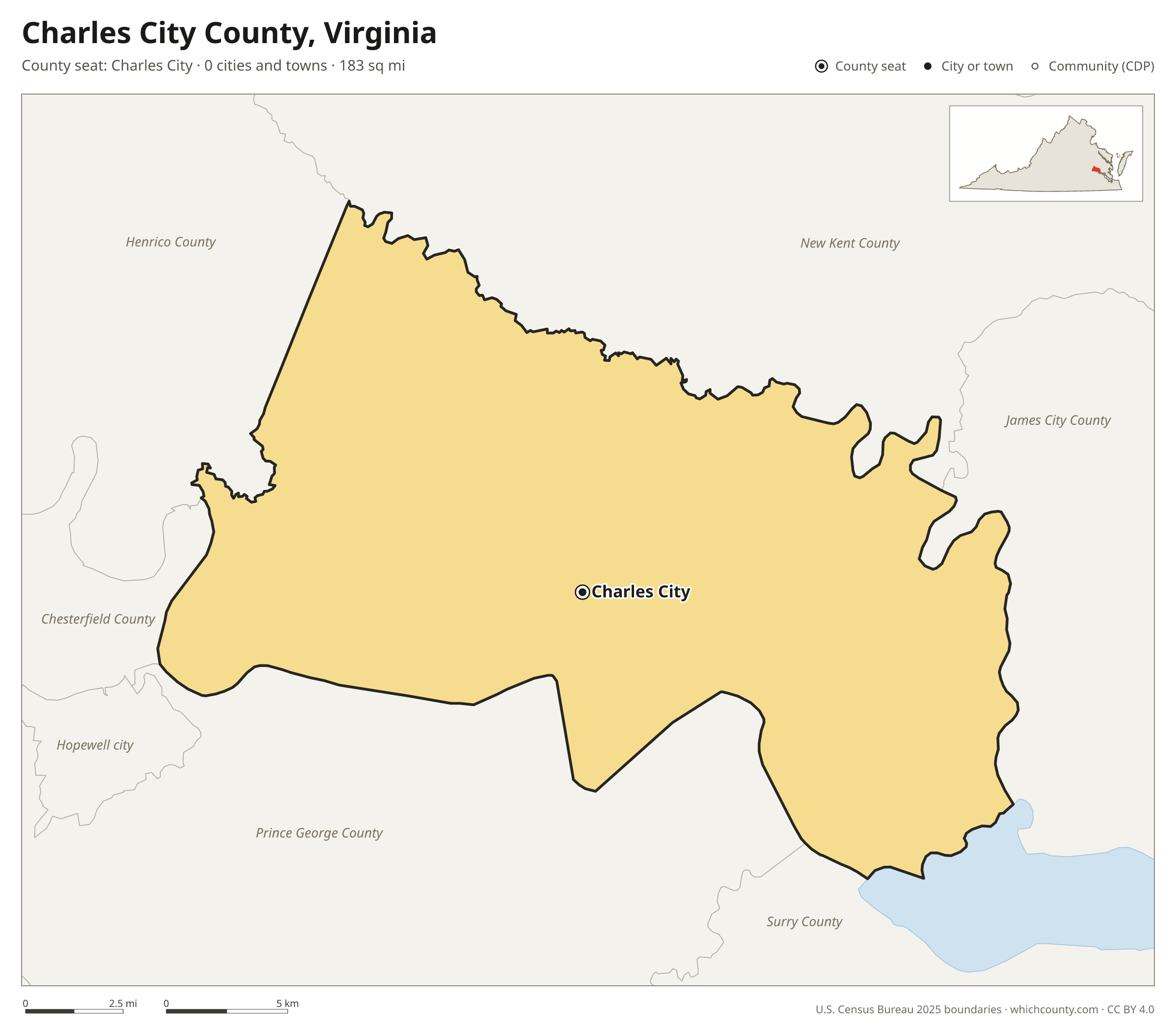 Map of Charles City County, Virginia with cities, towns and the county boundary