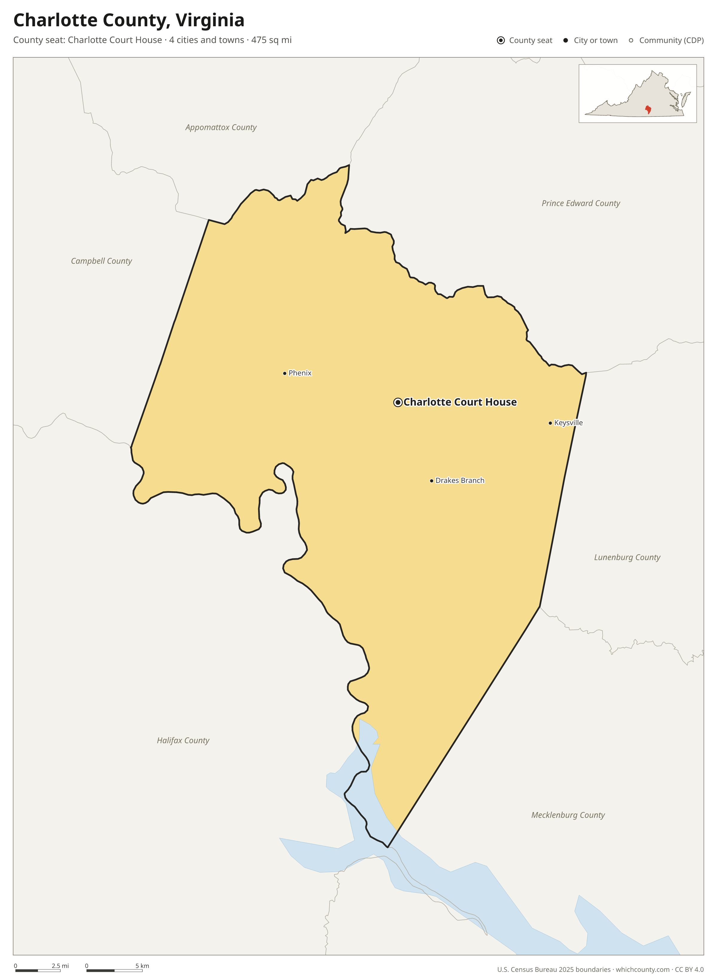 Map of Charlotte County, Virginia with cities, towns and the county boundary