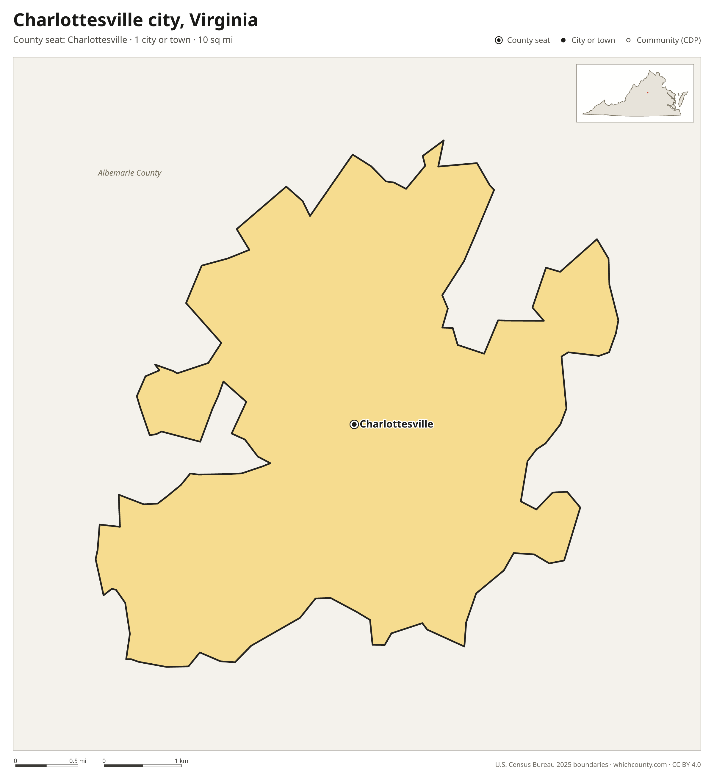 Map of Charlottesville city, Virginia with cities, towns and the county boundary
