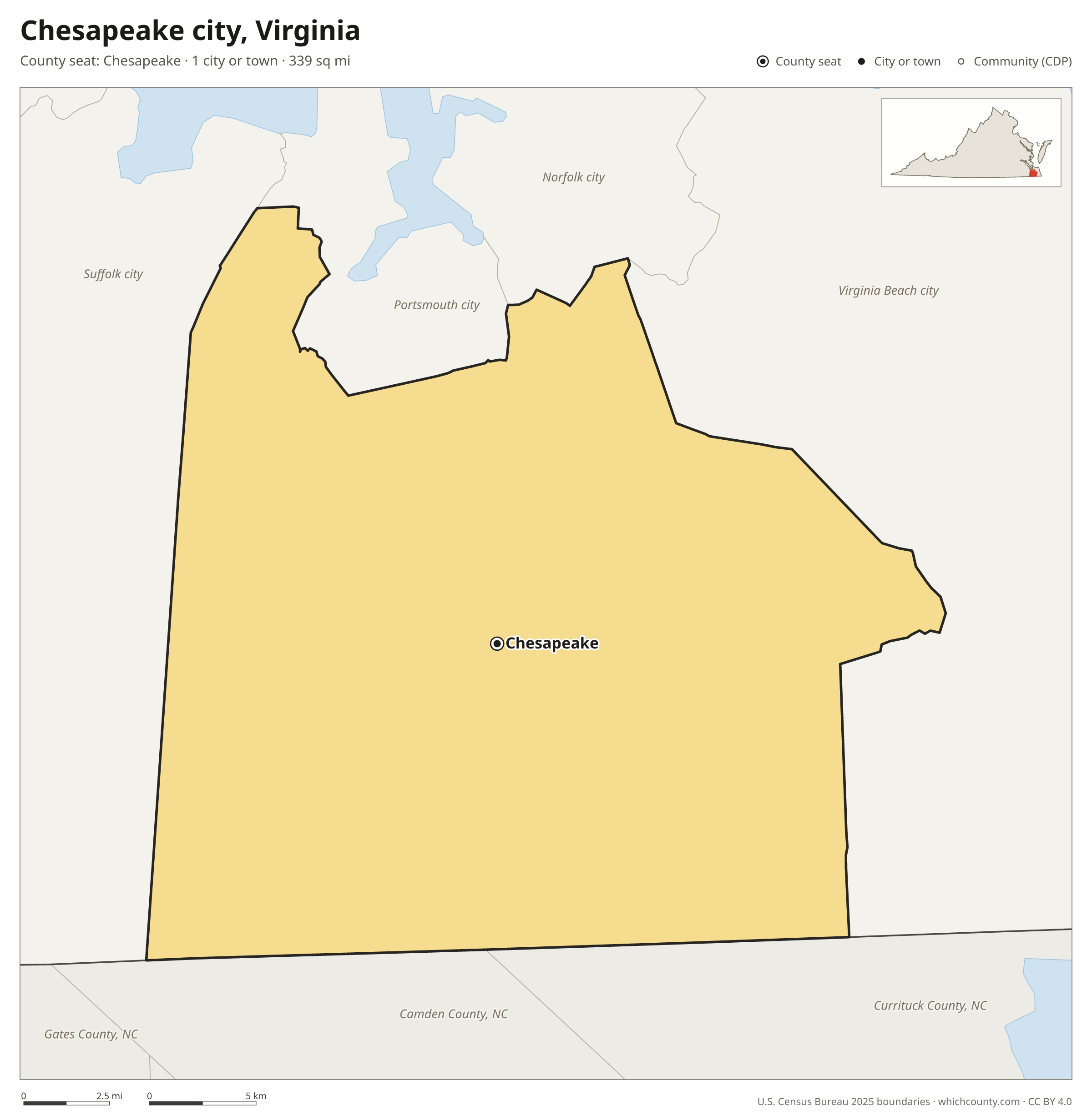 Map of Chesapeake city, Virginia with cities, towns and the county boundary
