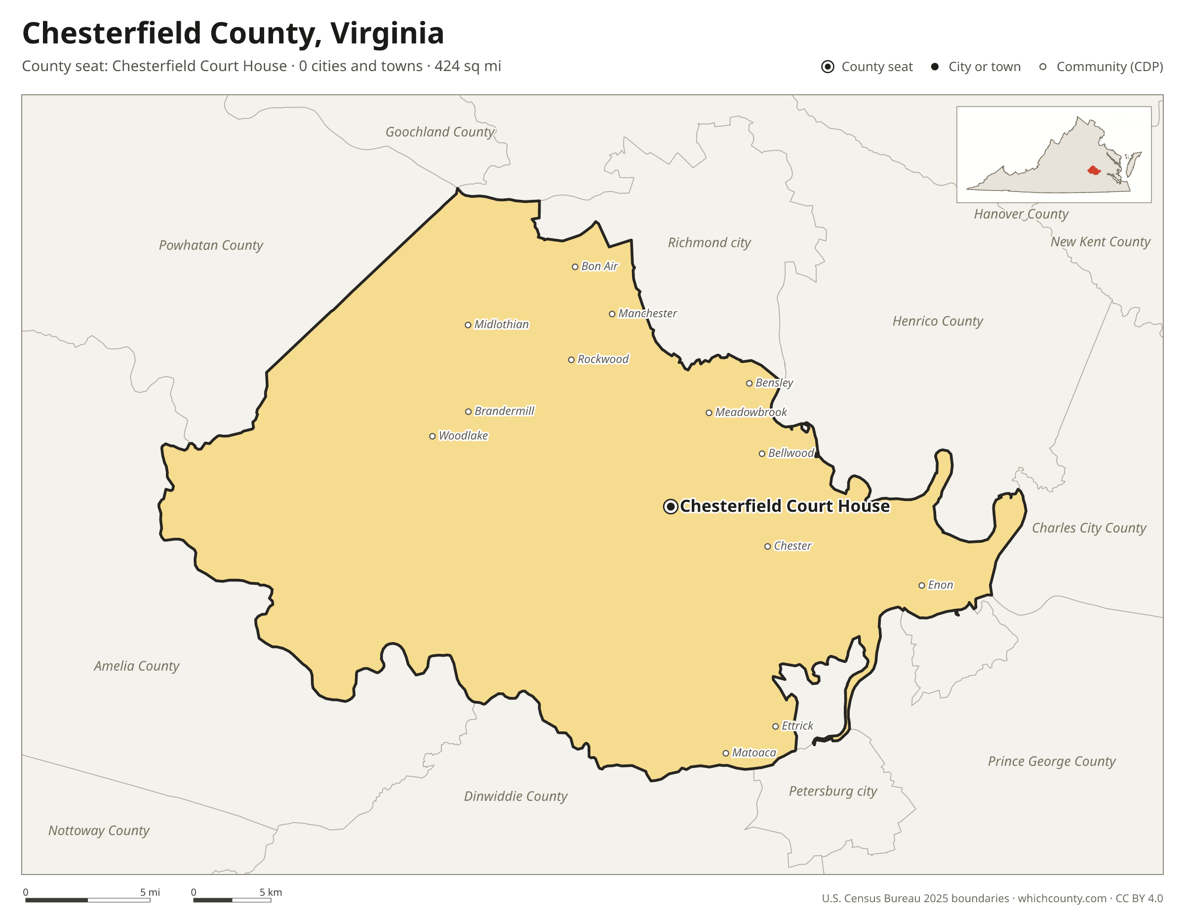 Map of Chesterfield County, Virginia with cities, towns and the county boundary
