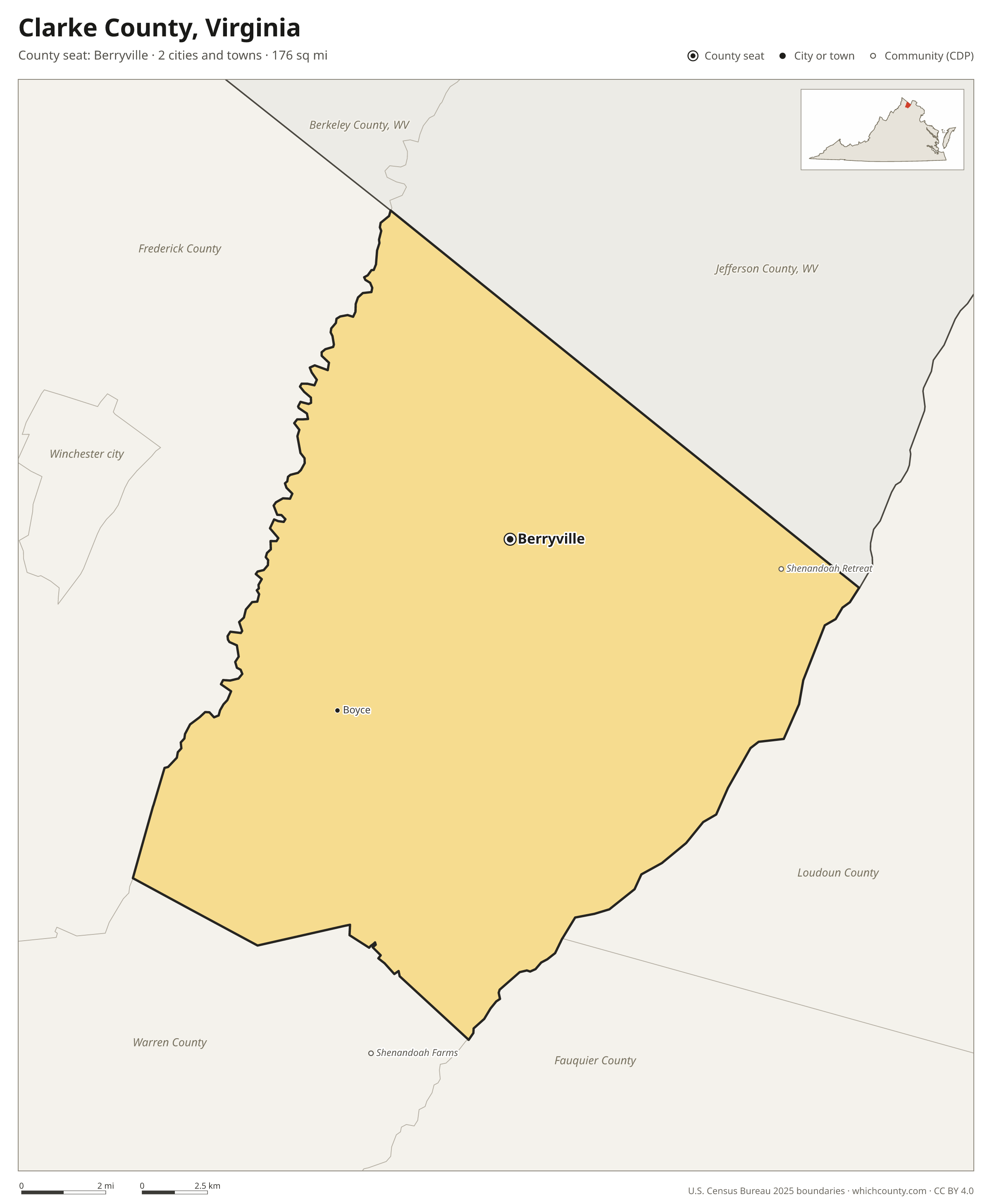 Map of Clarke County, Virginia with cities, towns and the county boundary