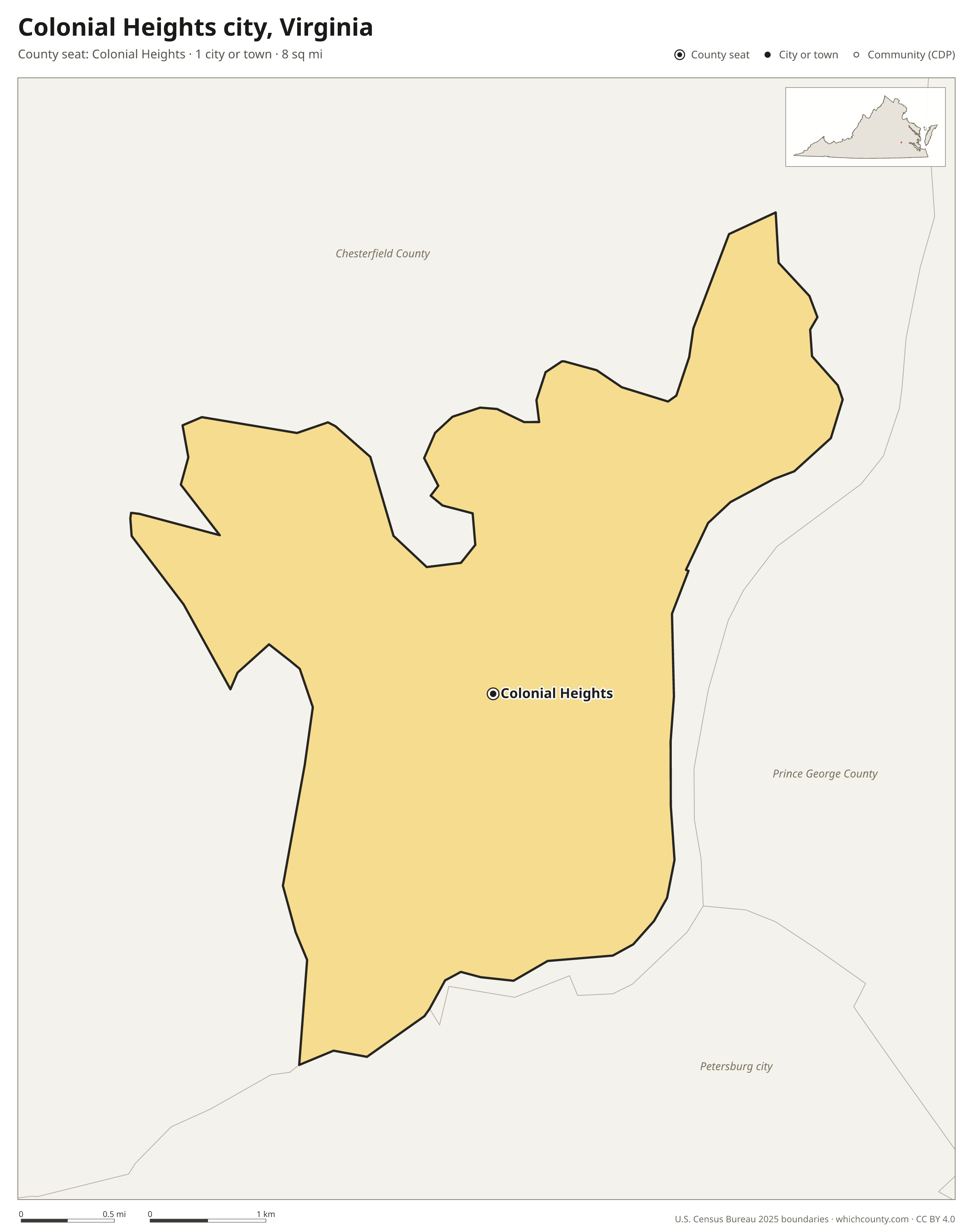 Map of Colonial Heights city, Virginia with cities, towns and the county boundary