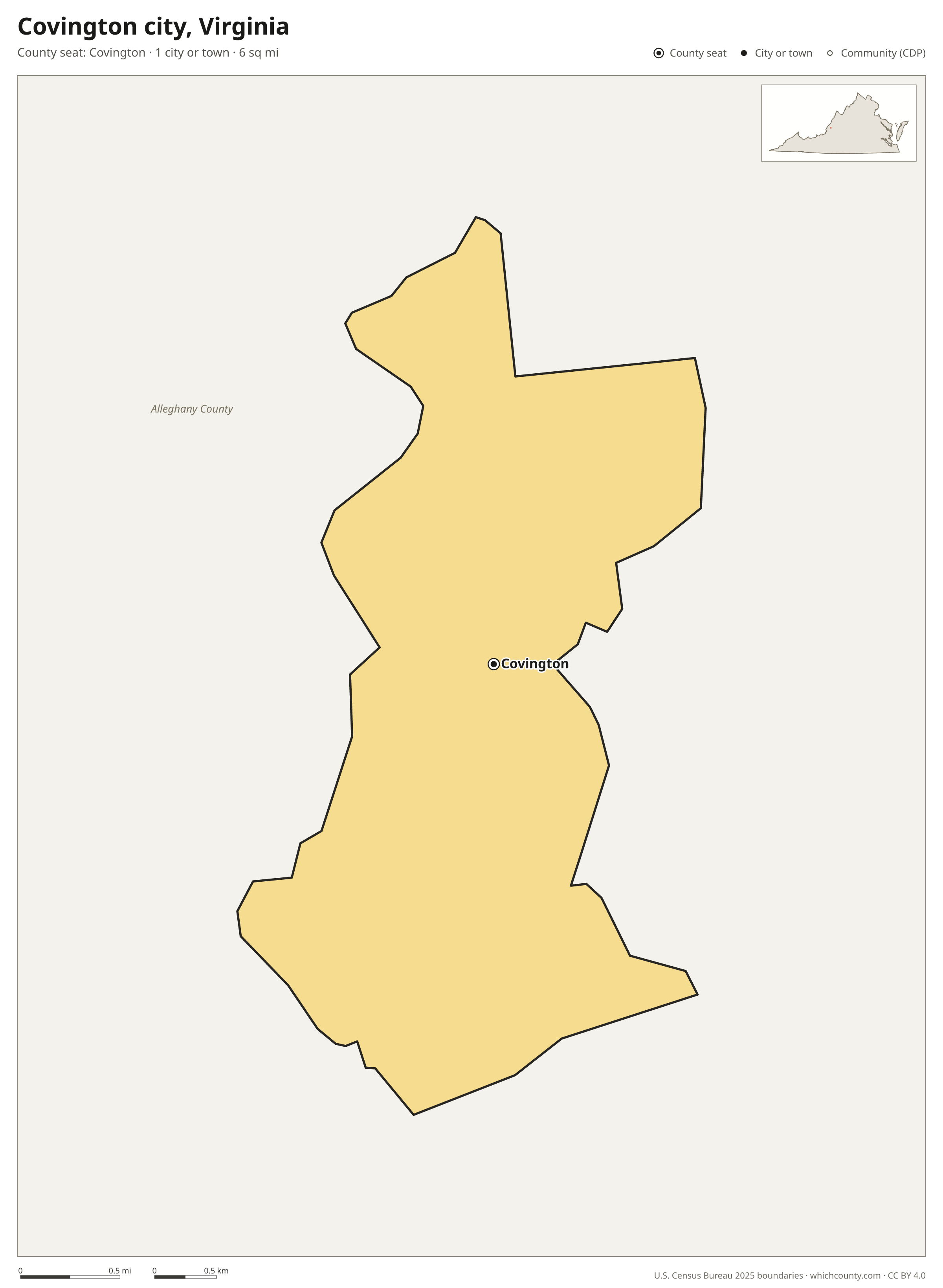 Map of Covington city, Virginia with cities, towns and the county boundary