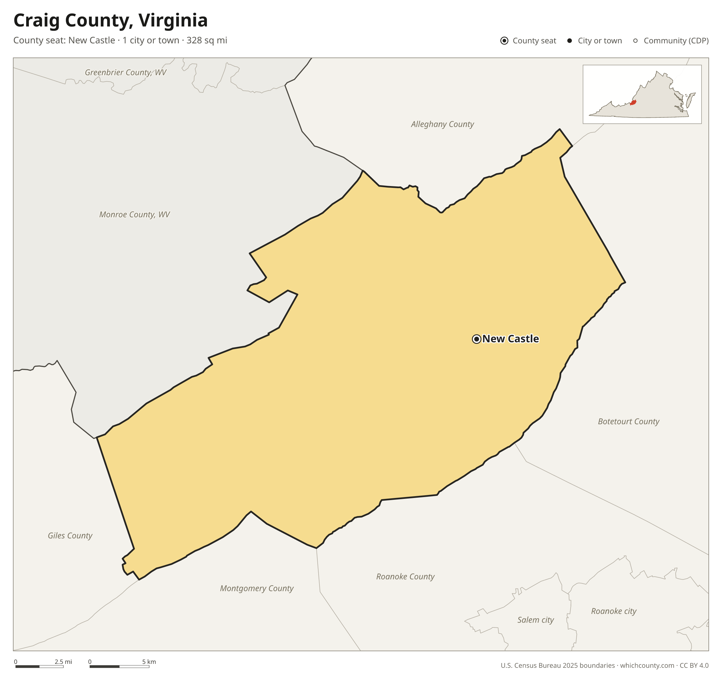 Map of Craig County, Virginia with cities, towns and the county boundary