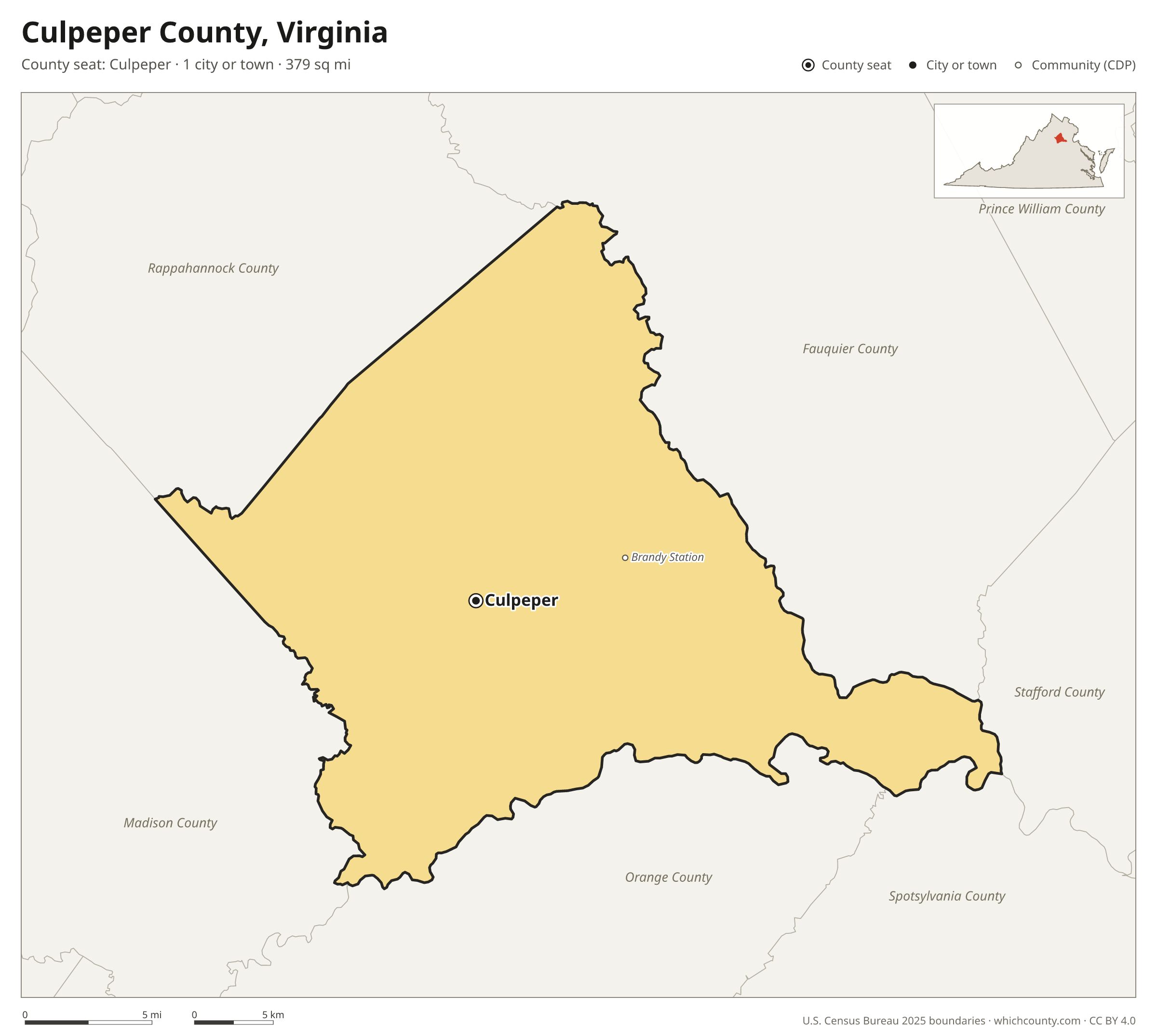Map of Culpeper County, Virginia with cities, towns and the county boundary