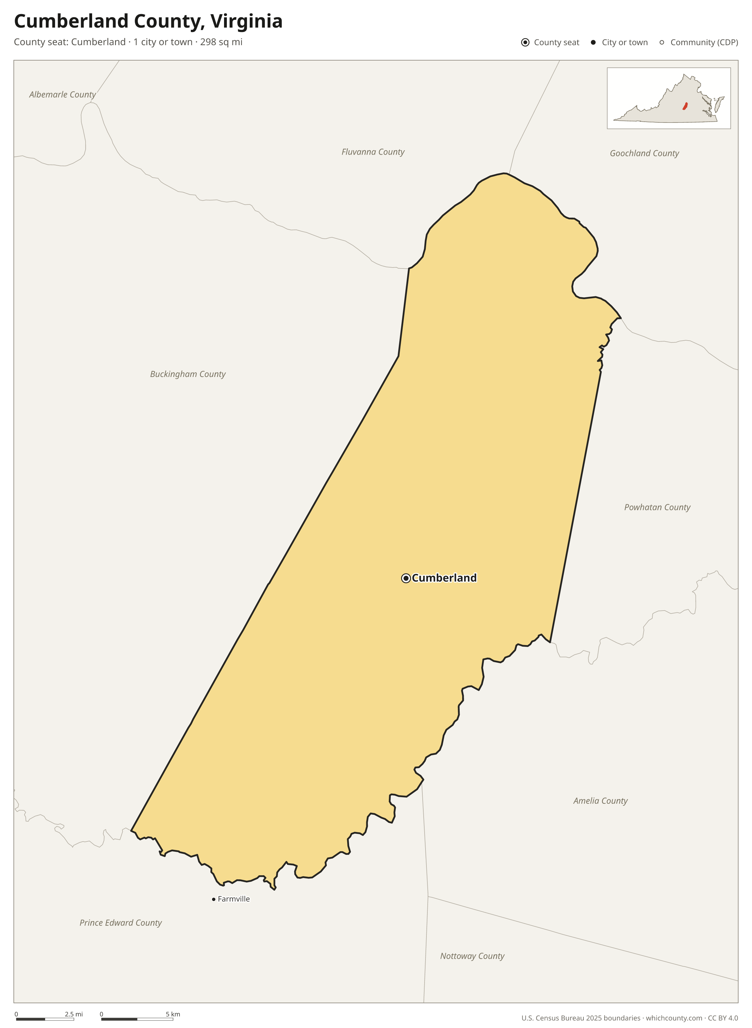 Map of Cumberland County, Virginia with cities, towns and the county boundary