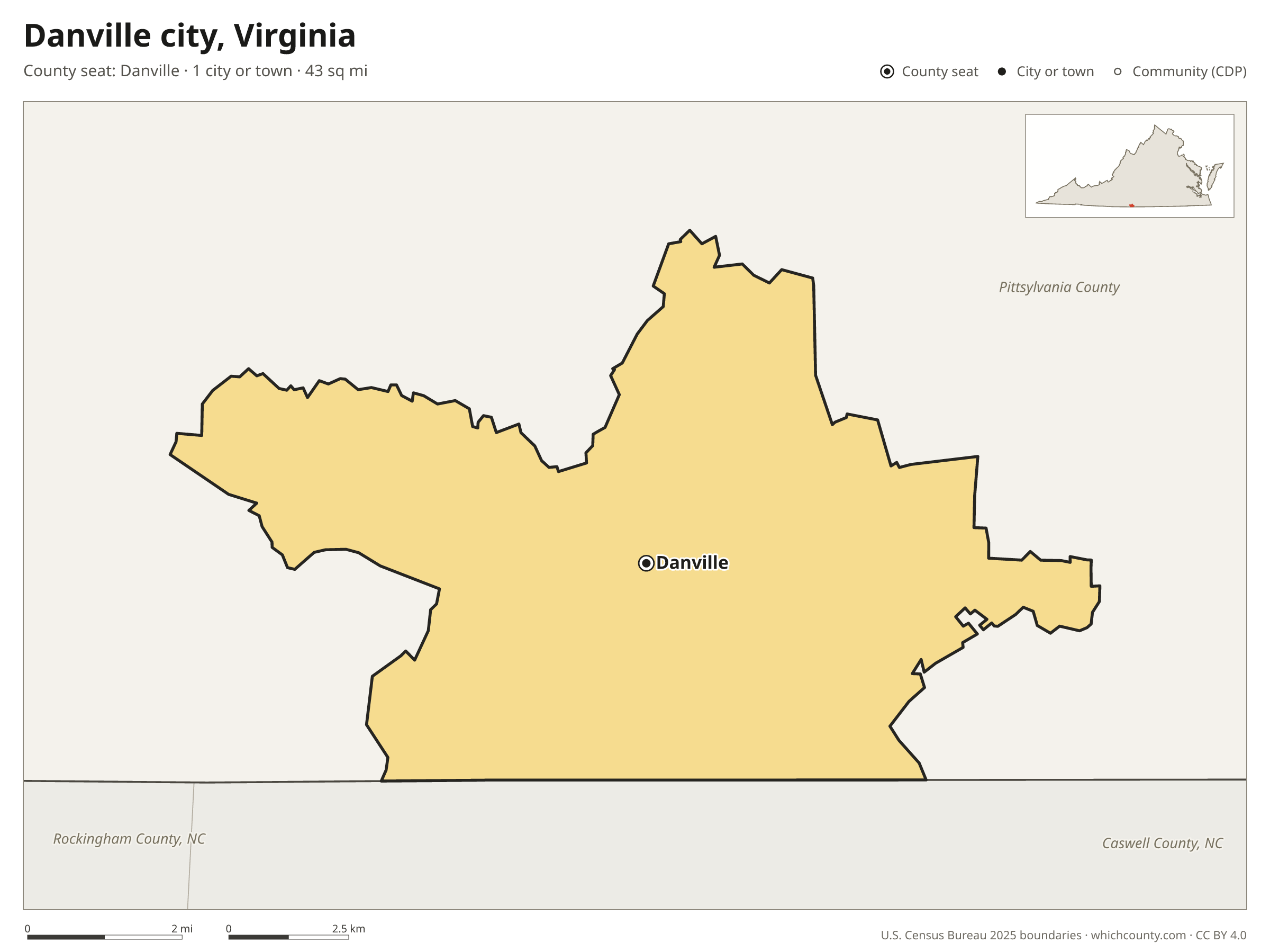 Map of Danville city, Virginia with cities, towns and the county boundary
