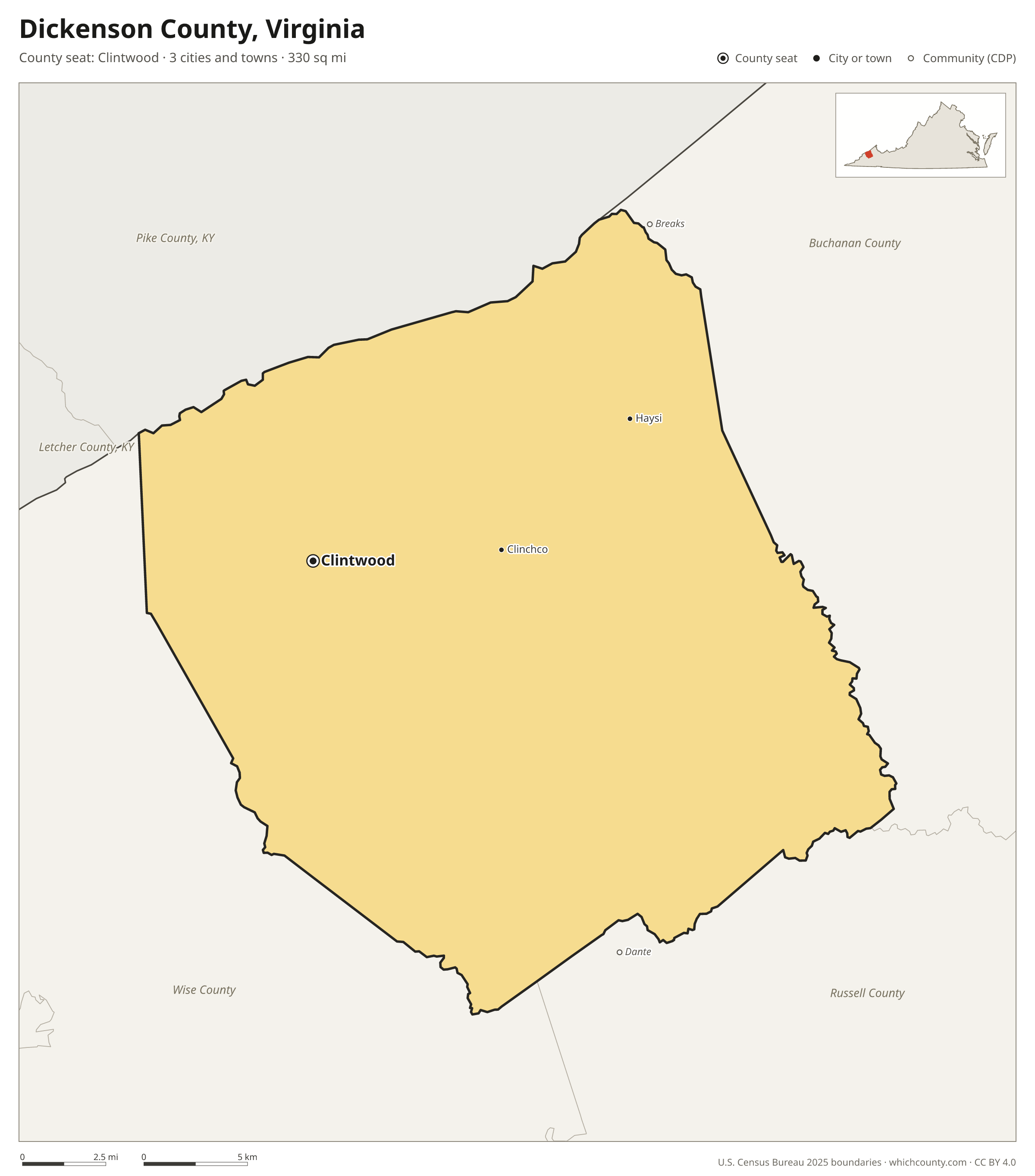 Map of Dickenson County, Virginia with cities, towns and the county boundary