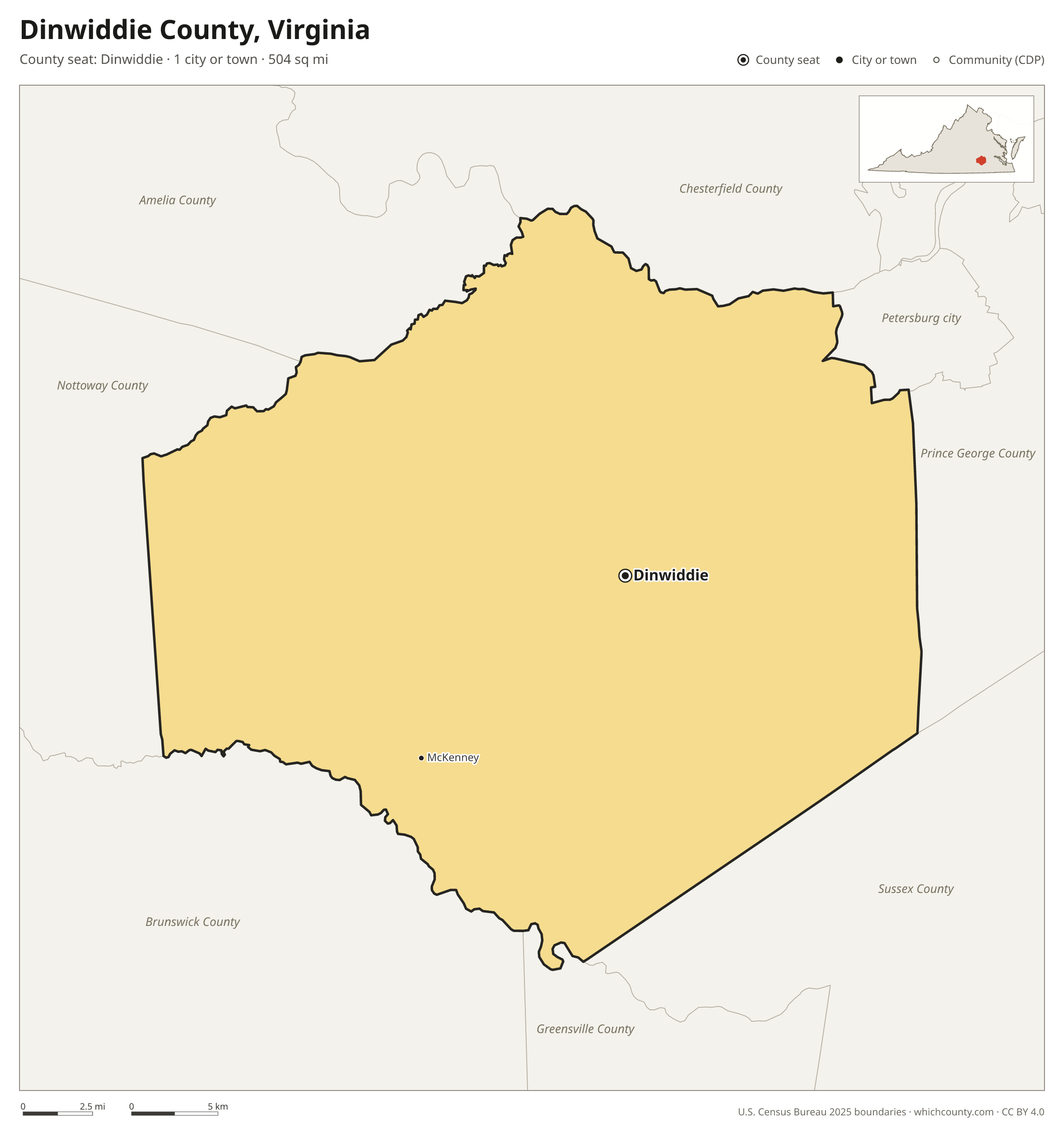 Map of Dinwiddie County, Virginia with cities, towns and the county boundary