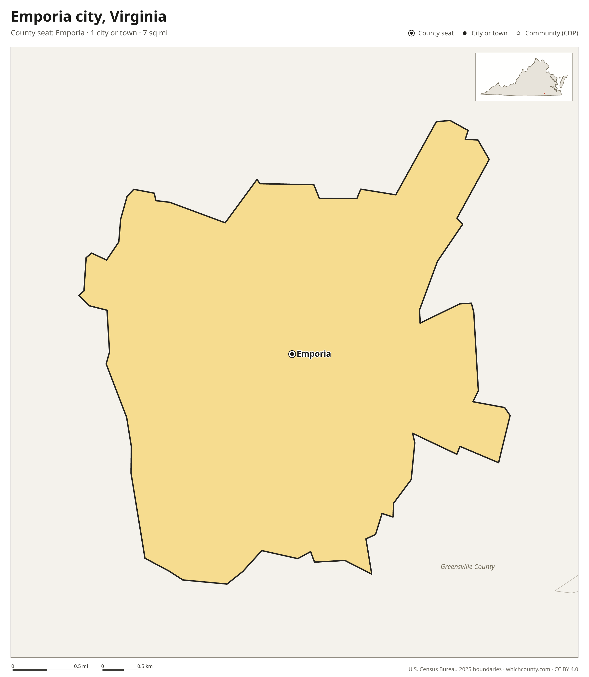 Map of Emporia city, Virginia with cities, towns and the county boundary