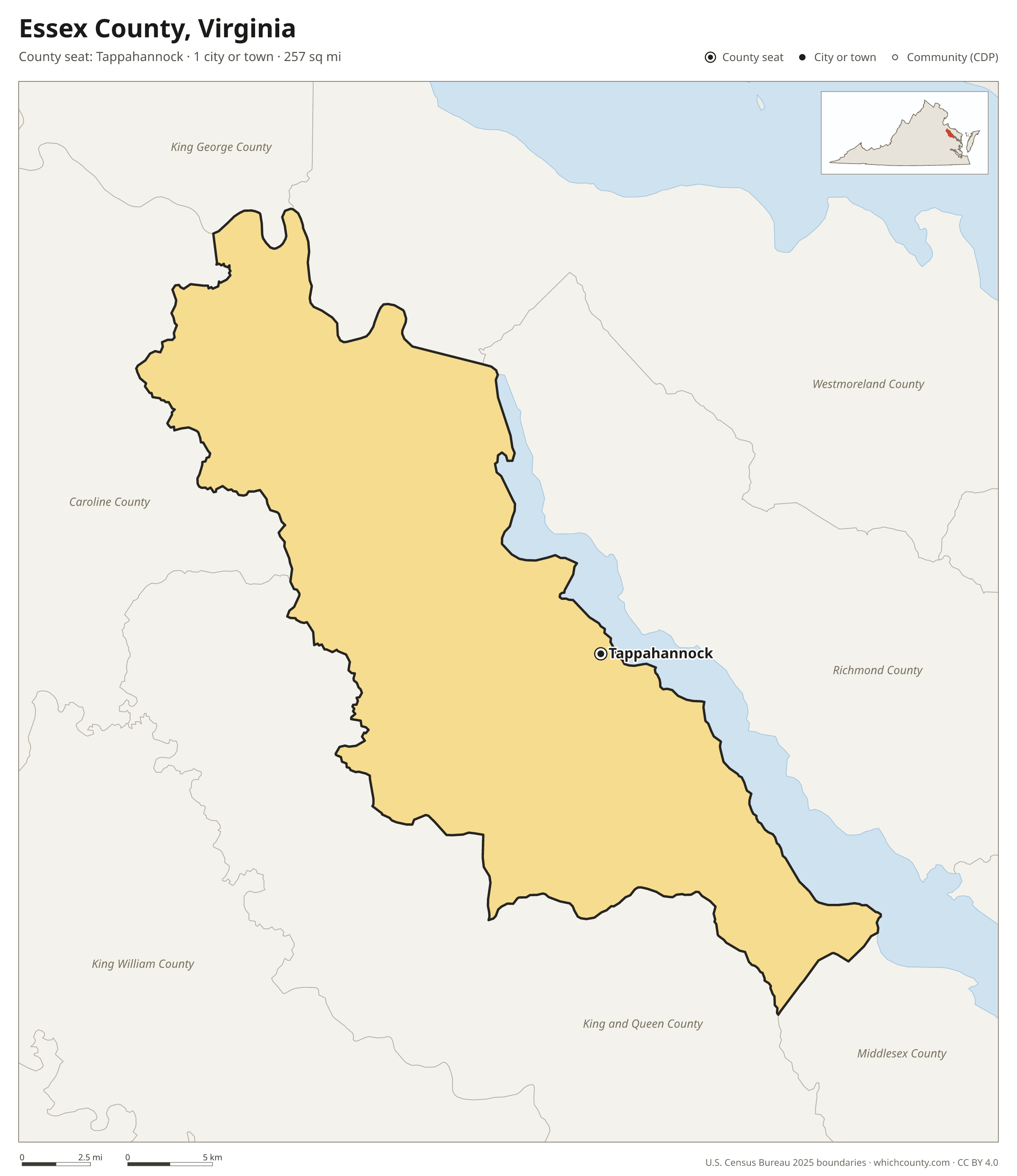 Map of Essex County, Virginia with cities, towns and the county boundary