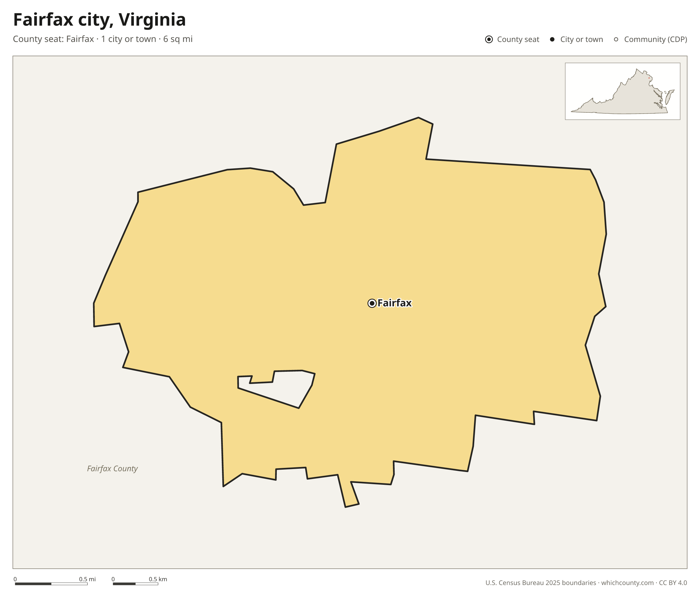 Map of Fairfax city, Virginia with cities, towns and the county boundary